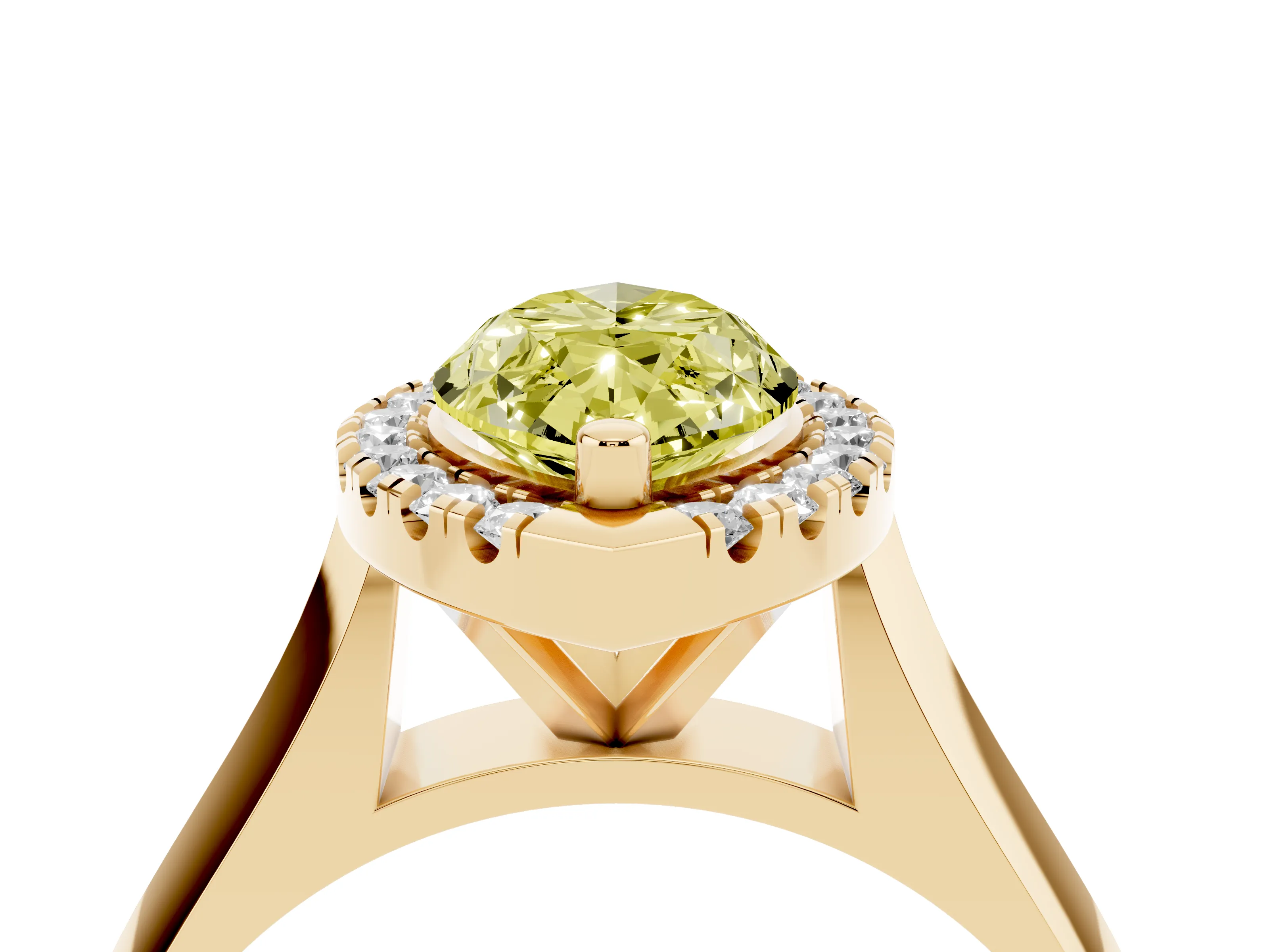 Fancy Yellow Marquise Cut Diamond Halo Solitaire Engagement Ring Set in Yellow gold with Square Band and Prong Setting