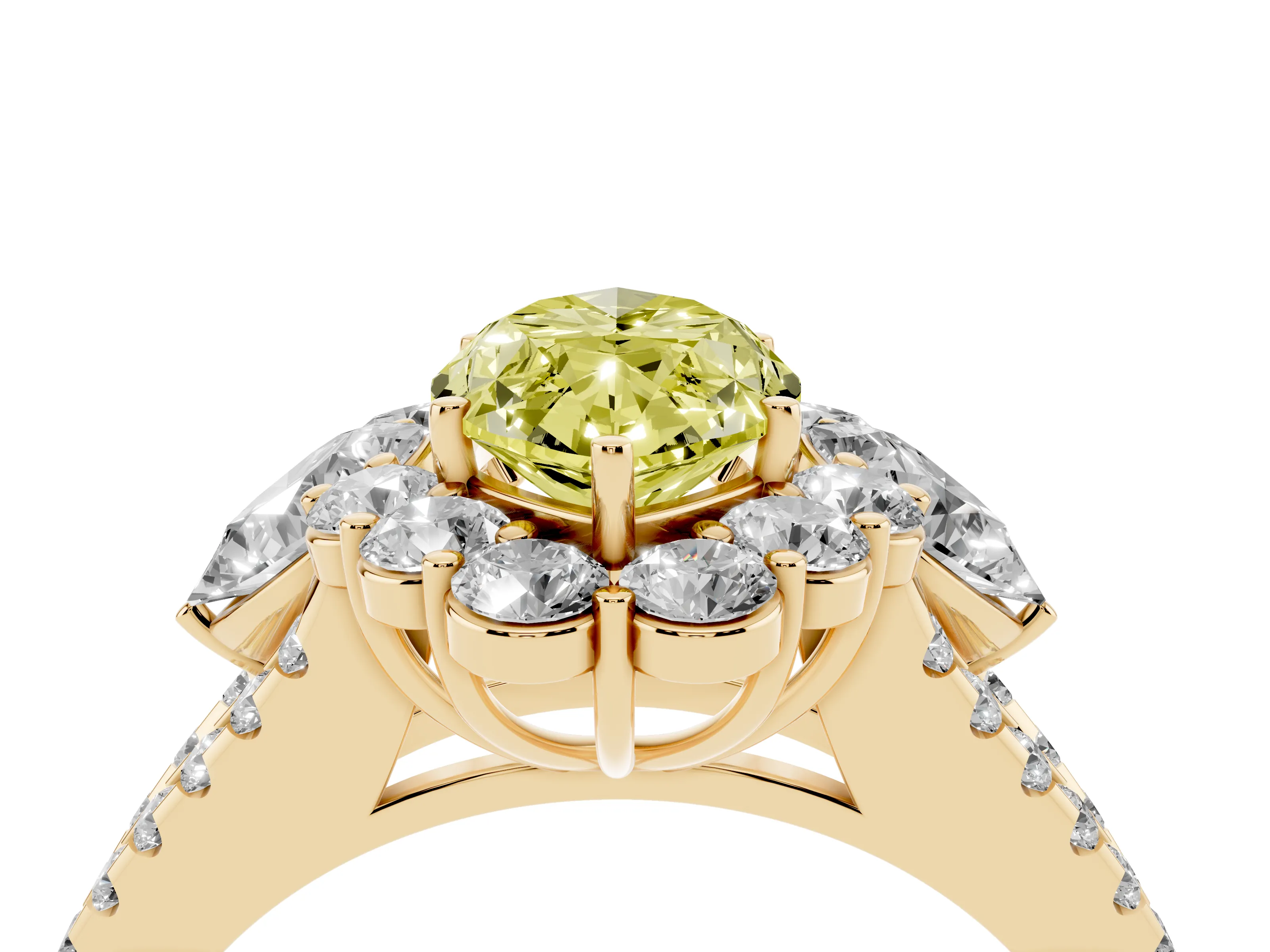 Fancy Yellow Marquise Cut Diamond Halo Split Shank Engagement Ring Set in Yellow gold with Prong-Held Center Stone