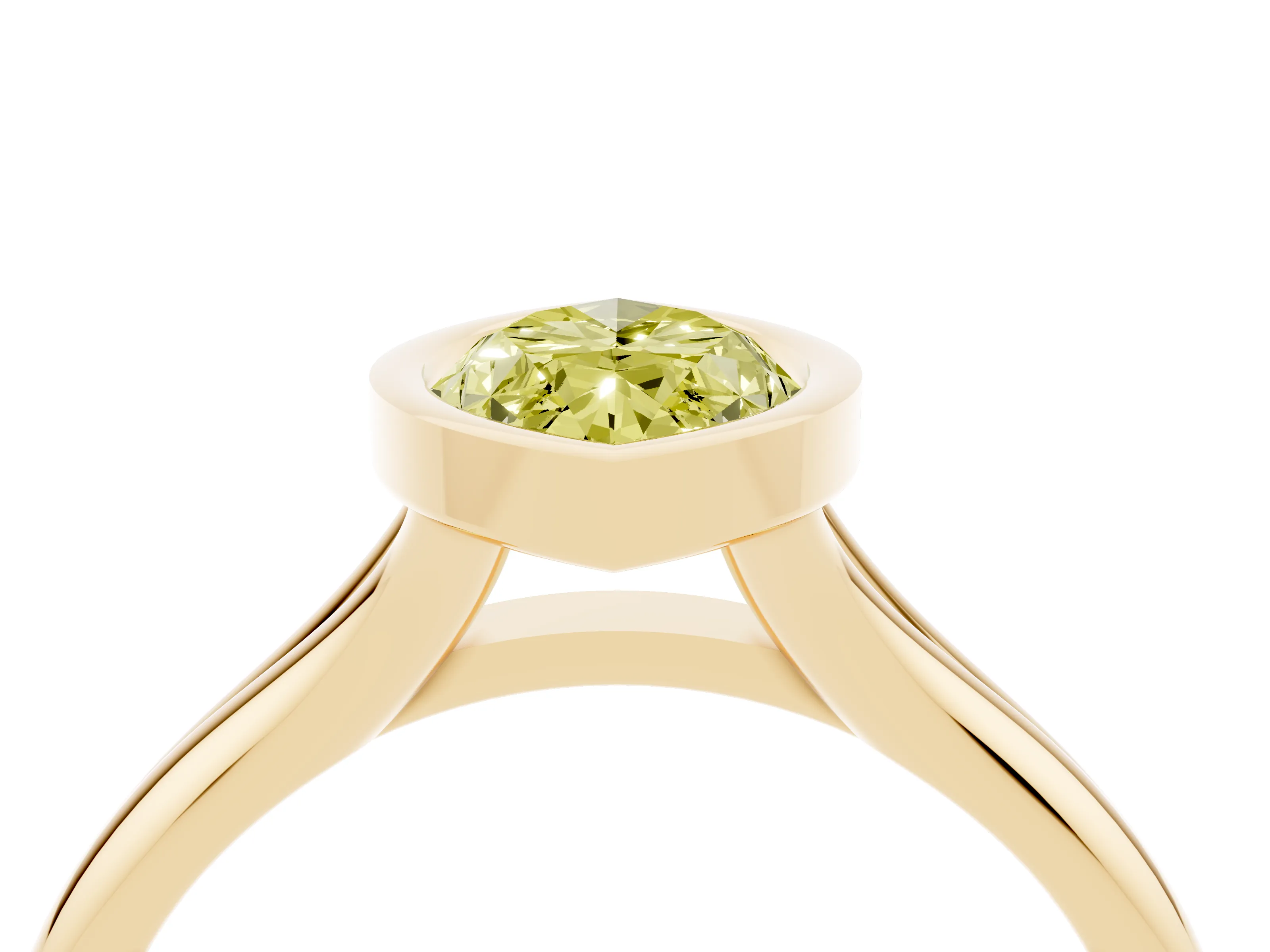 Fancy Yellow Bezel Set Marquise Cut Diamond Solitaire Ring Set in Yellow gold with Smooth Band