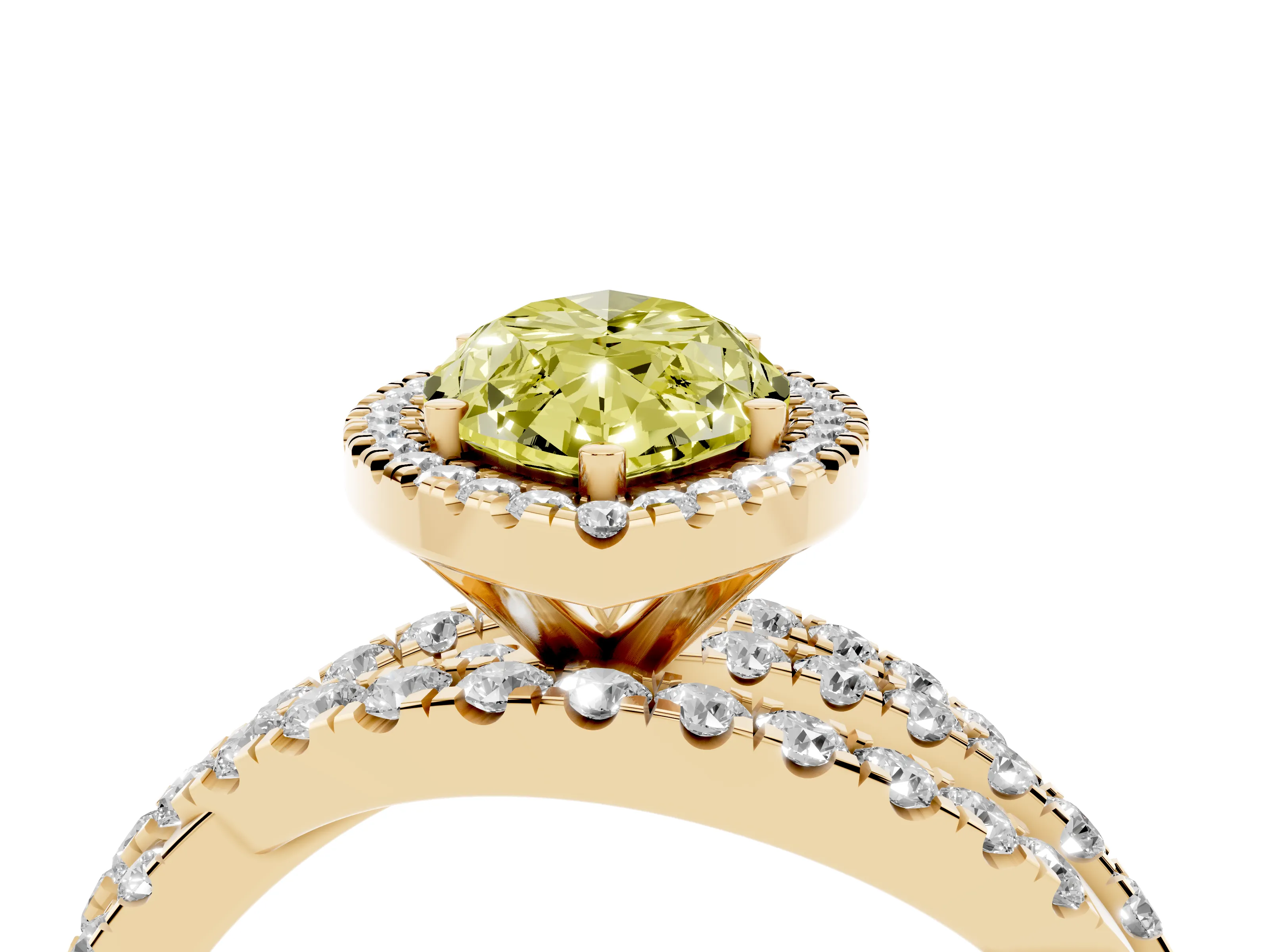 Fancy Yellow Marquise Cut Diamond Halo Ring Set in Yellow gold with Round Crossover Split Shank and Prong Setting