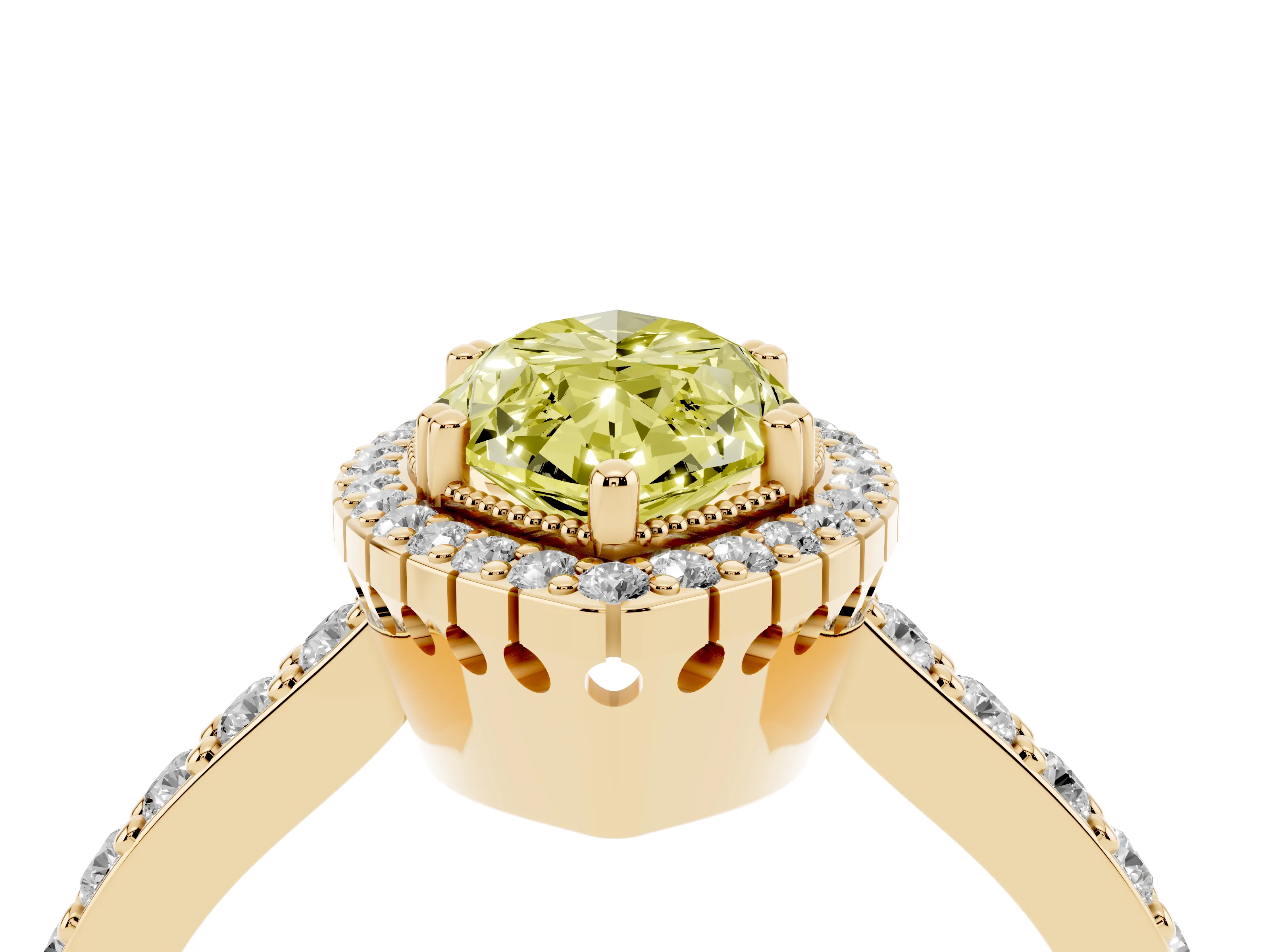 Fancy Yellow Marquise Cut Diamond Halo Engagement Ring Set in Yellow gold with Milgrain Detail and Pavé Band