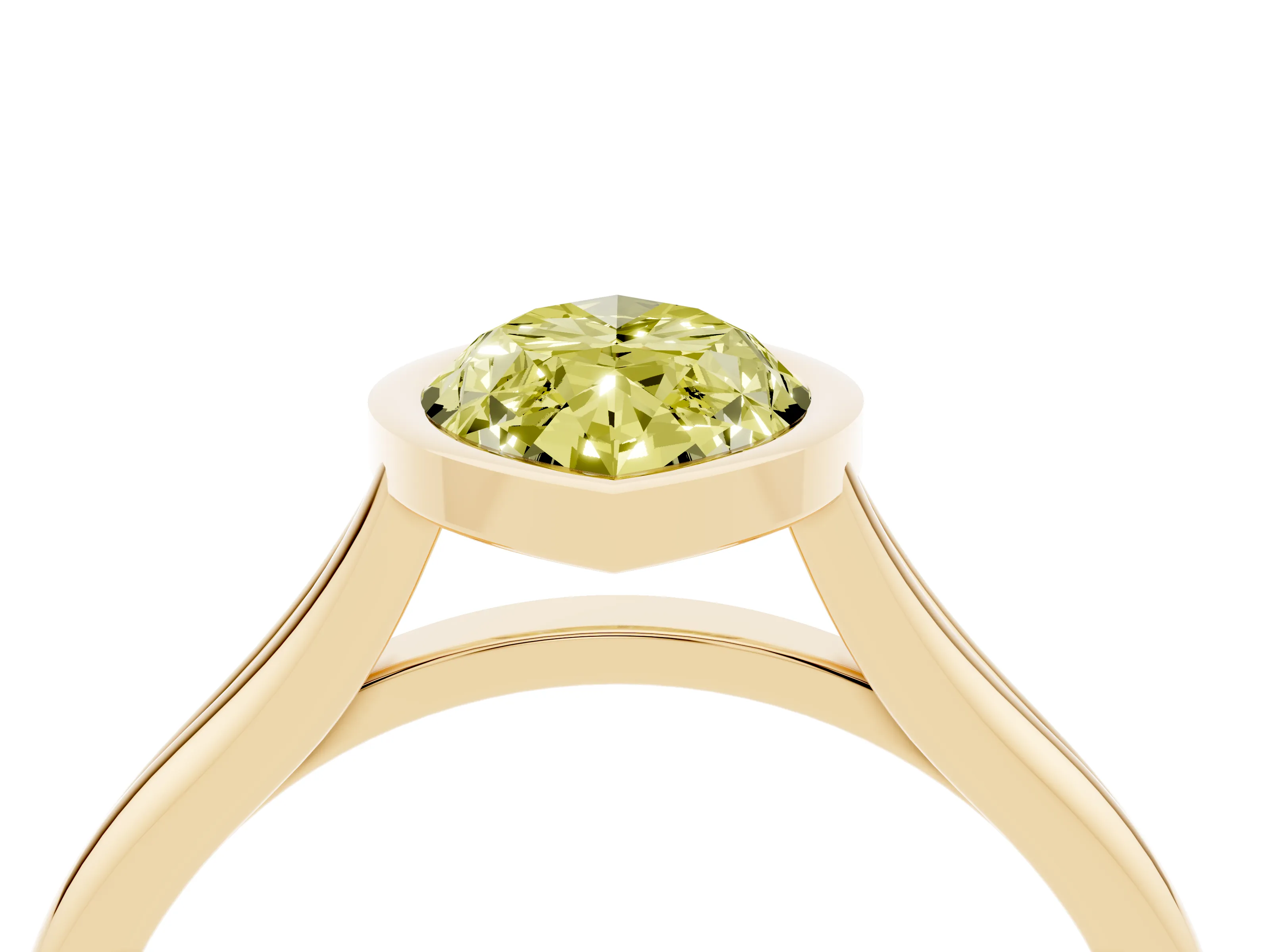 Fancy Yellow Bezel Set Marquise Cut Diamond Solitaire Ring Set in Yellow gold with Tapered Band