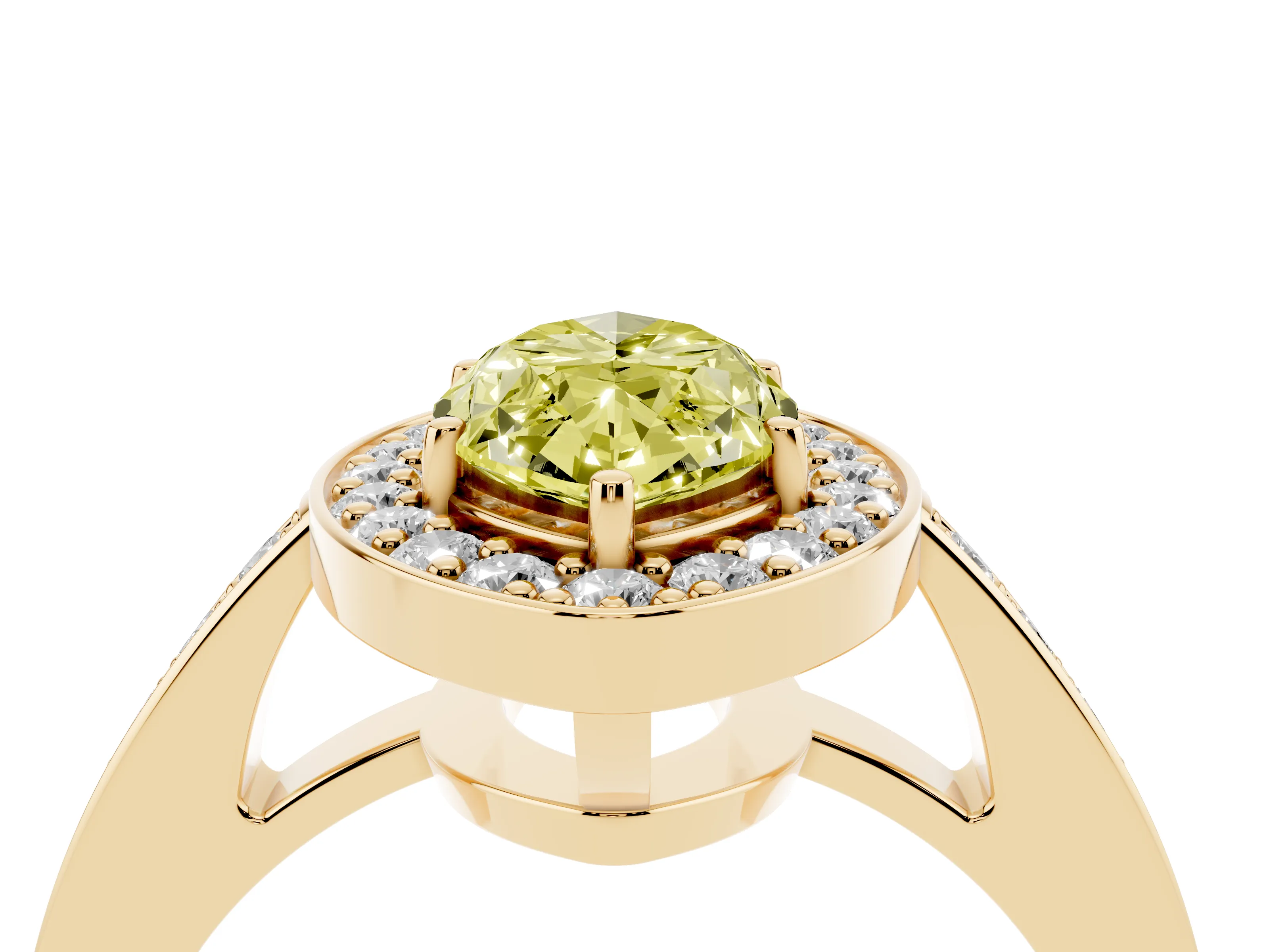 Fancy Yellow Marquise Cut Diamond Halo Pavé Engagement Ring Set in Yellow gold with Bezel Setting