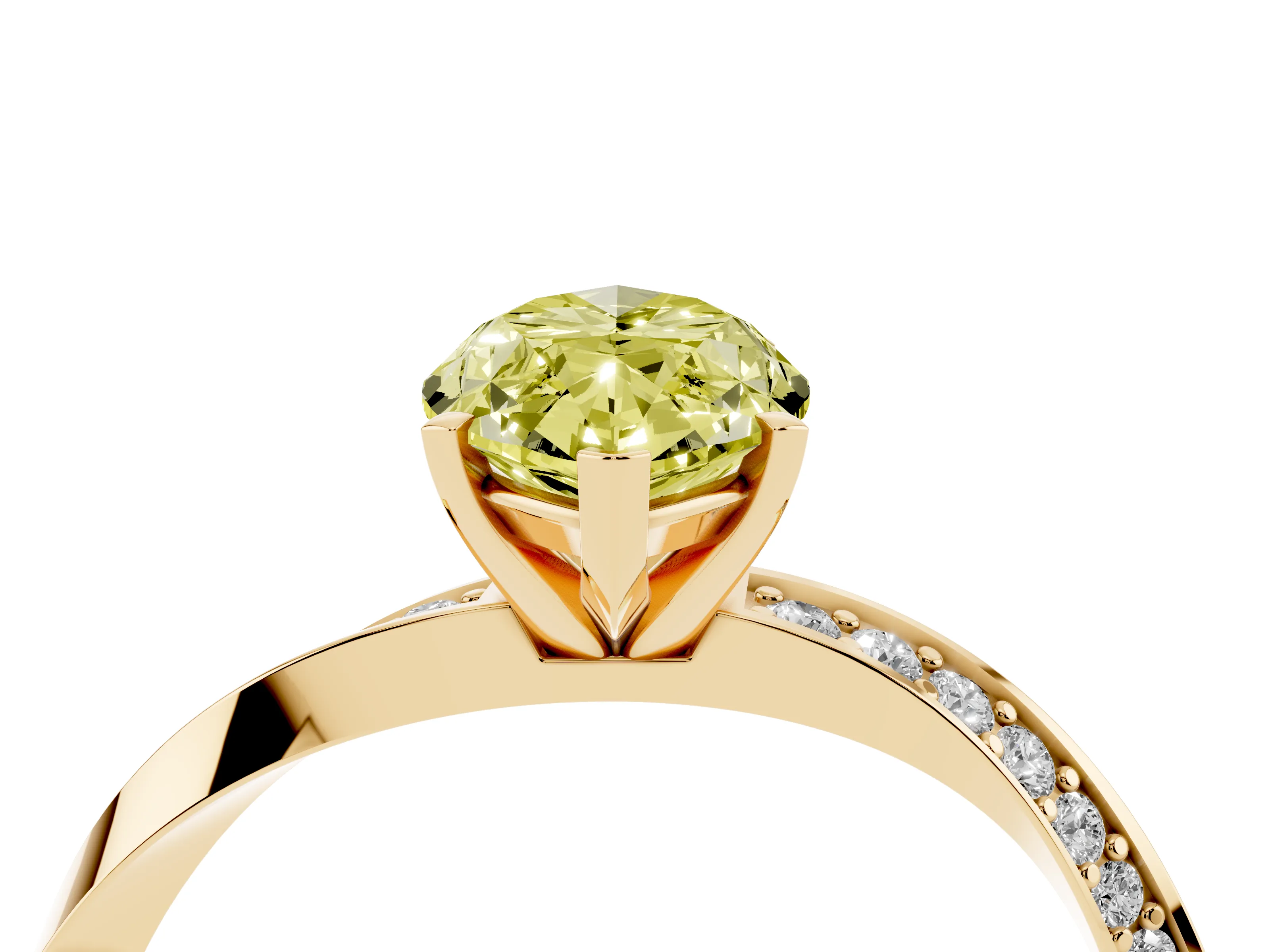 Fancy Yellow Marquise Cut Diamond Engagement Ring Set in Yellow gold with Side Stone Accents and Prong Setting