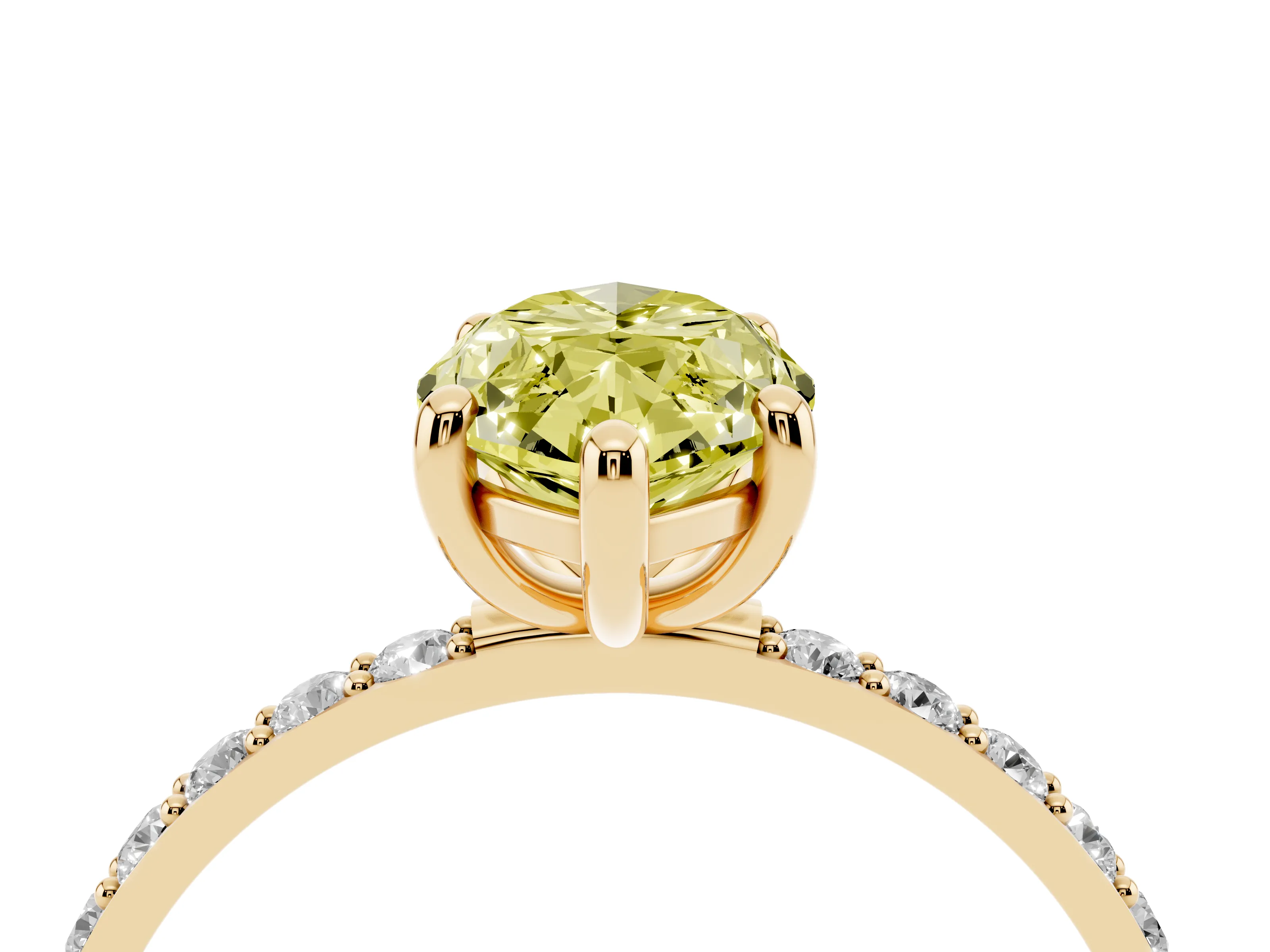 Fancy Yellow Marquise Cut Diamond Solitaire Ring Set in Yellow gold with Round Pavé Band and Prong Setting