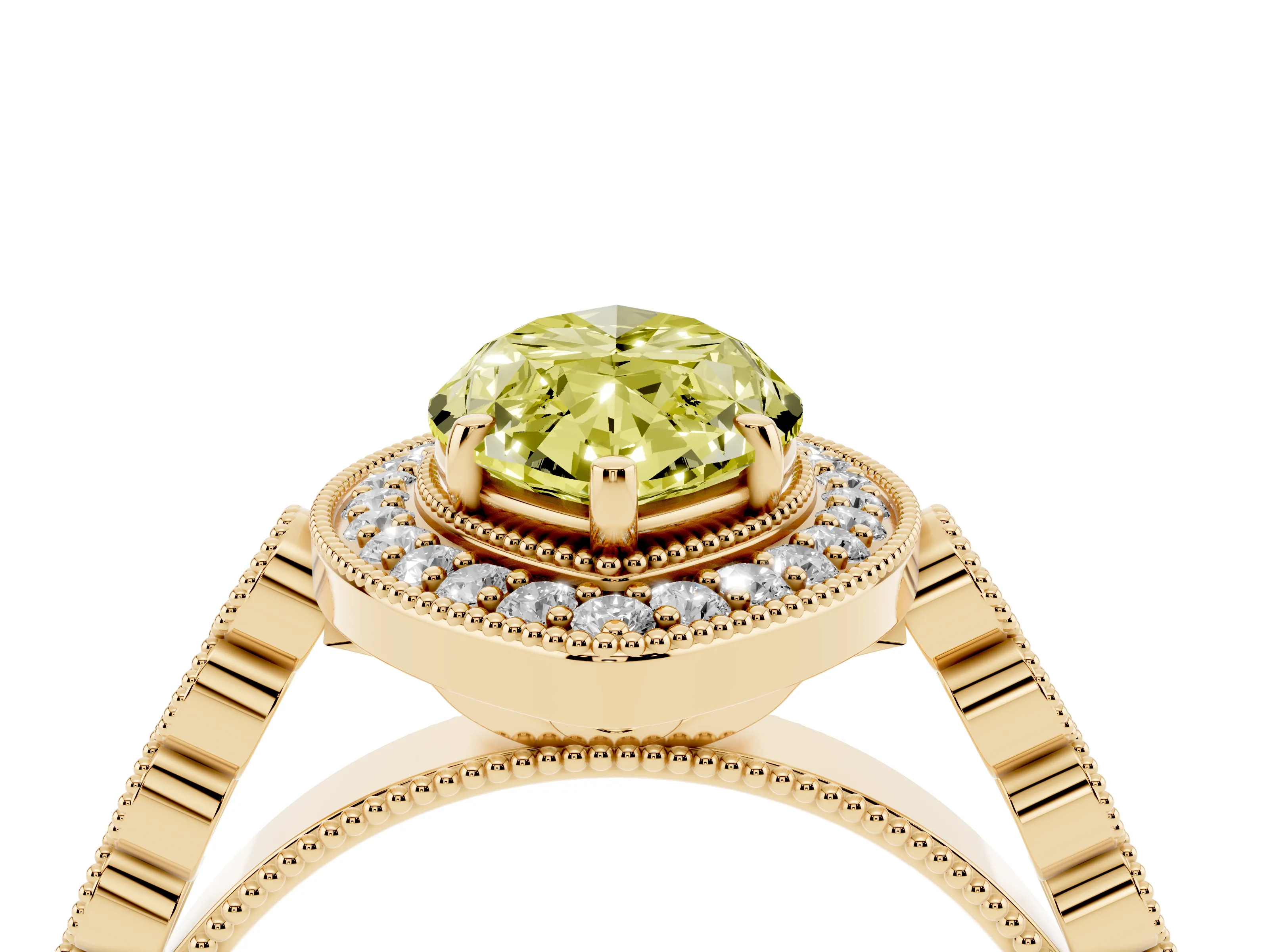 Fancy Yellow Marquise Cut Diamond Milgrain Halo Solitaire Ring Set in Yellow gold with Bezel Set Side Stones and Pavé Band
