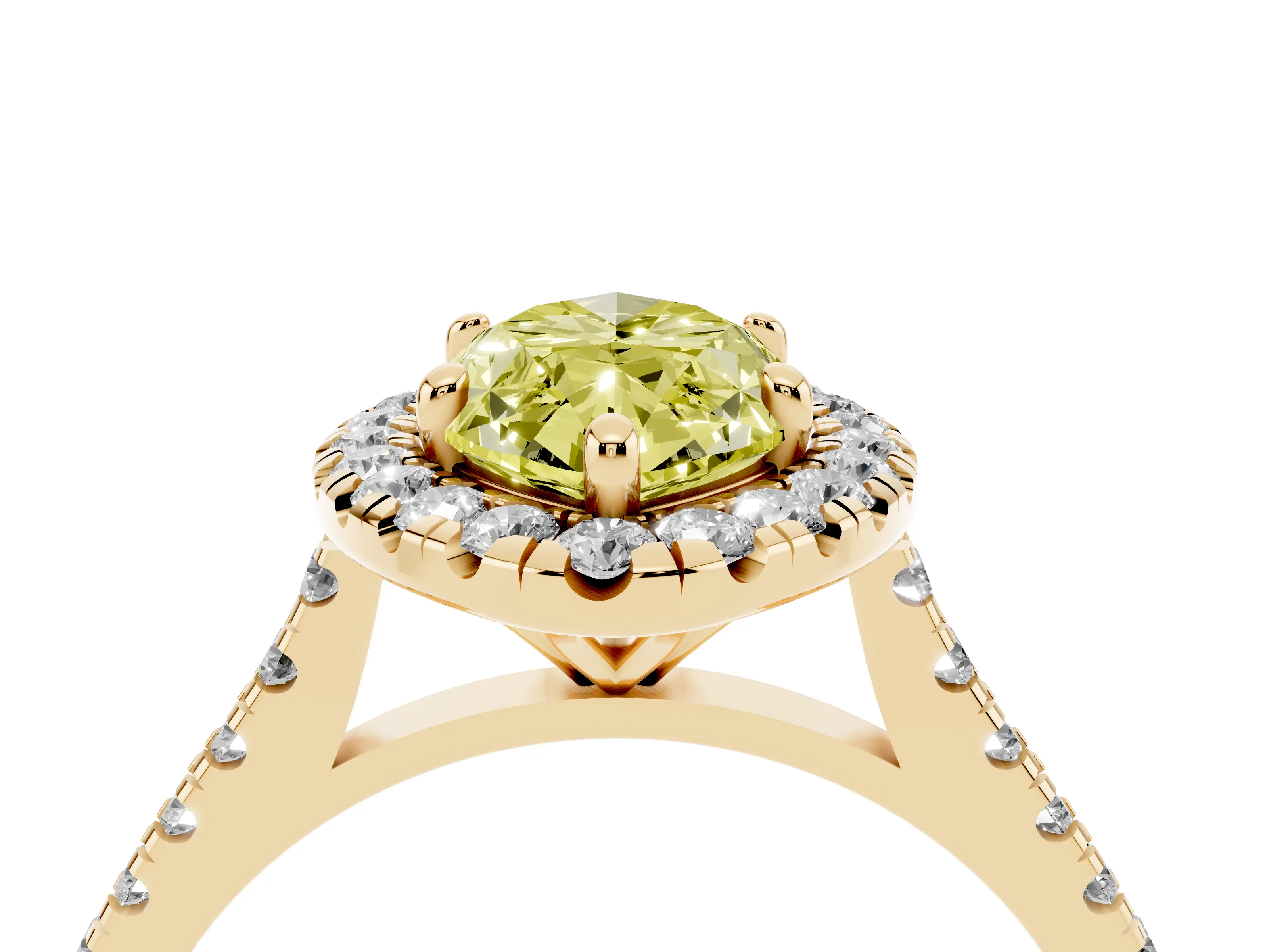 Fancy Yellow Marquise Cut Diamond Cushion Halo Ring Set in Yellow gold with Pavé Band