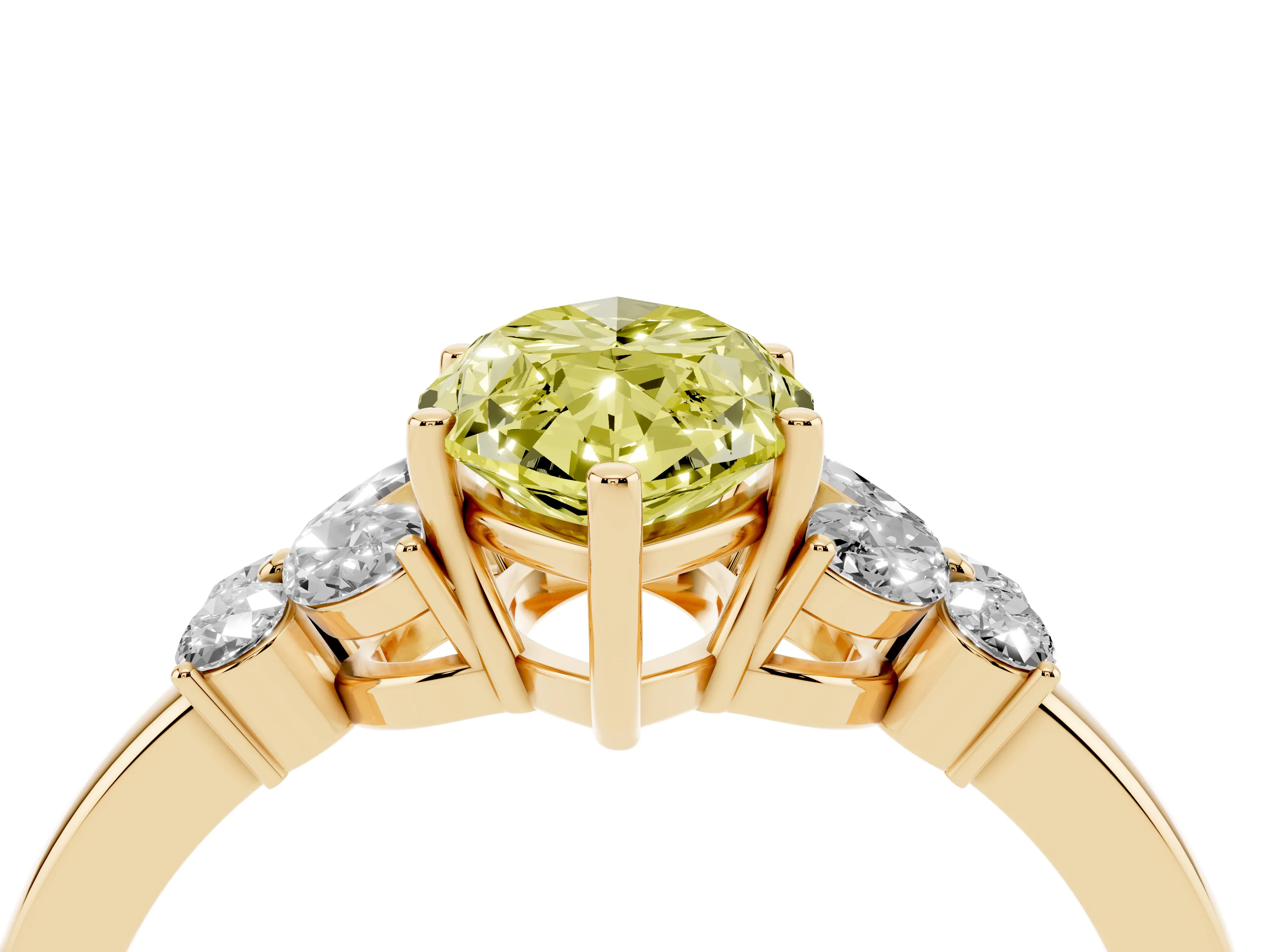 Fancy Yellow Marquise Cut Diamond Solitaire Floral Ring Set in Yellow gold with Marquise Petals and Prong Setting