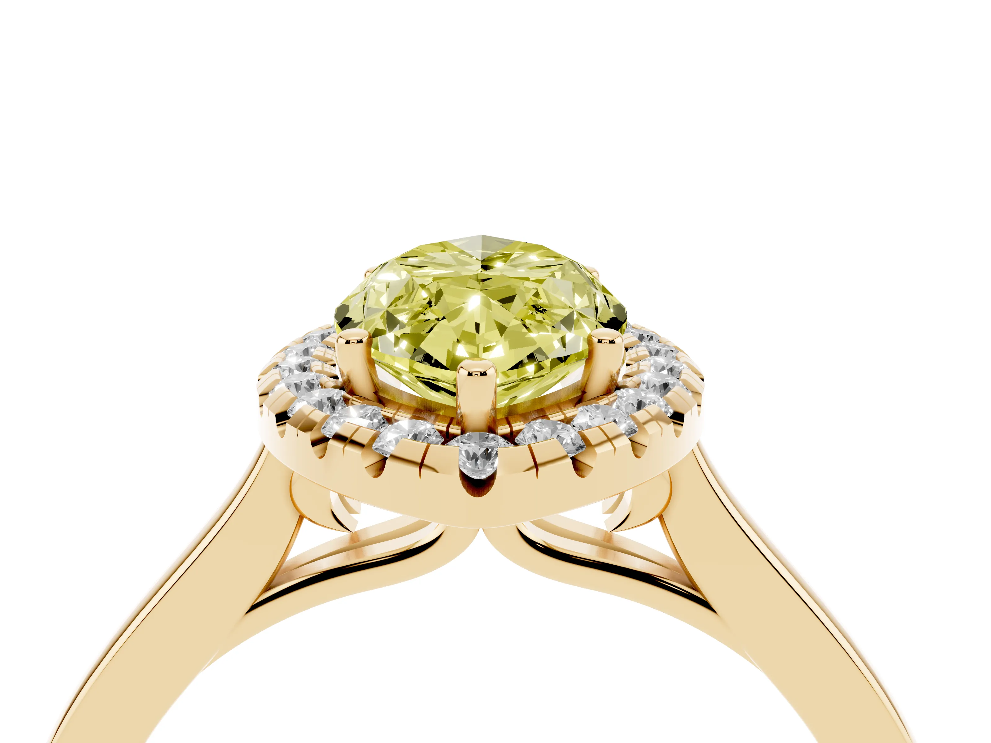 Fancy Yellow Marquise Cut Halo Round Diamond Solitaire Ring Set in Yellow gold with Pavé Band and Prong Setting