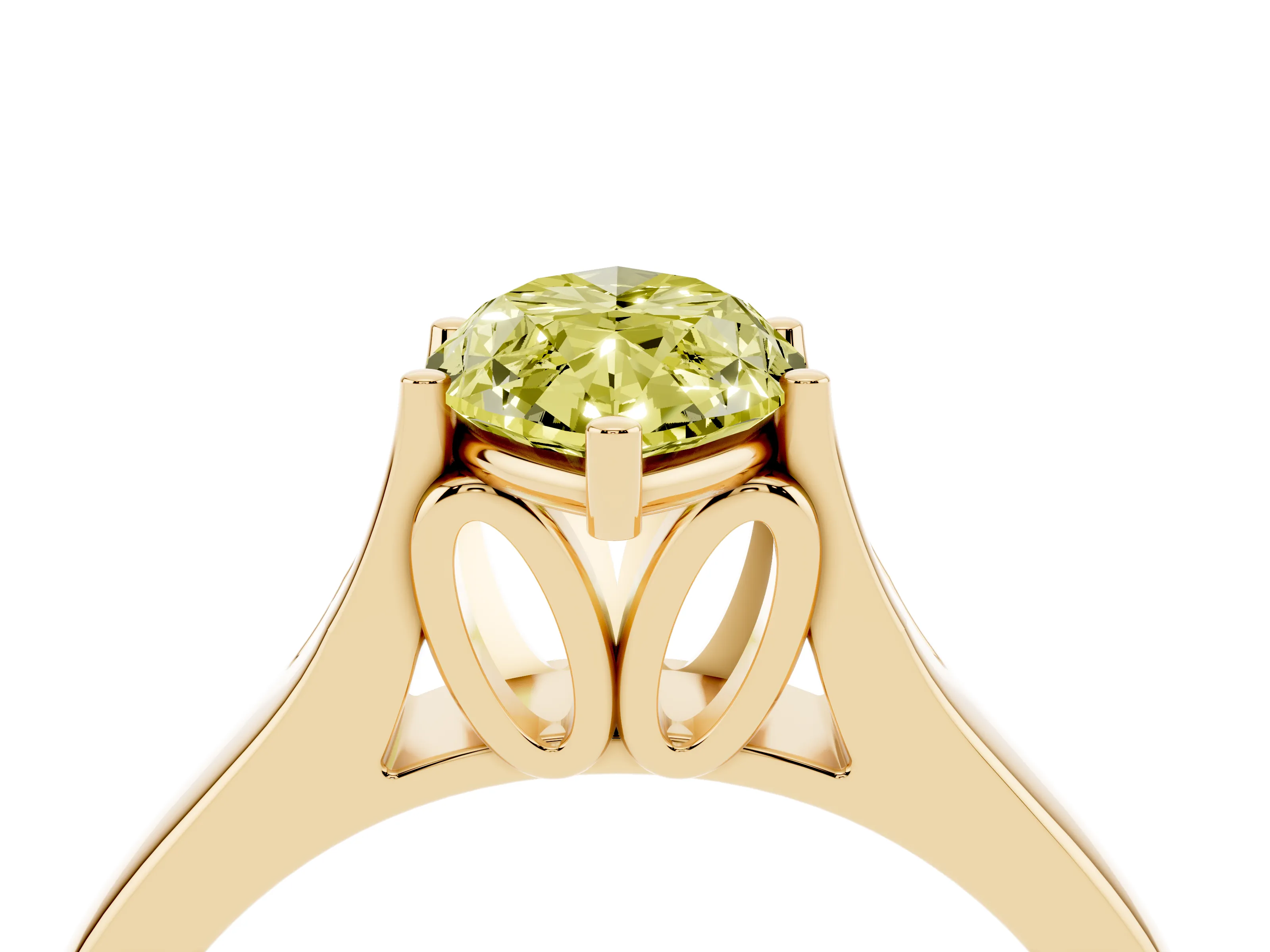 Fancy Yellow Marquise Cut Diamond Solitaire Ring Set in Yellow gold with Arched Cathedral Band and Prong Setting