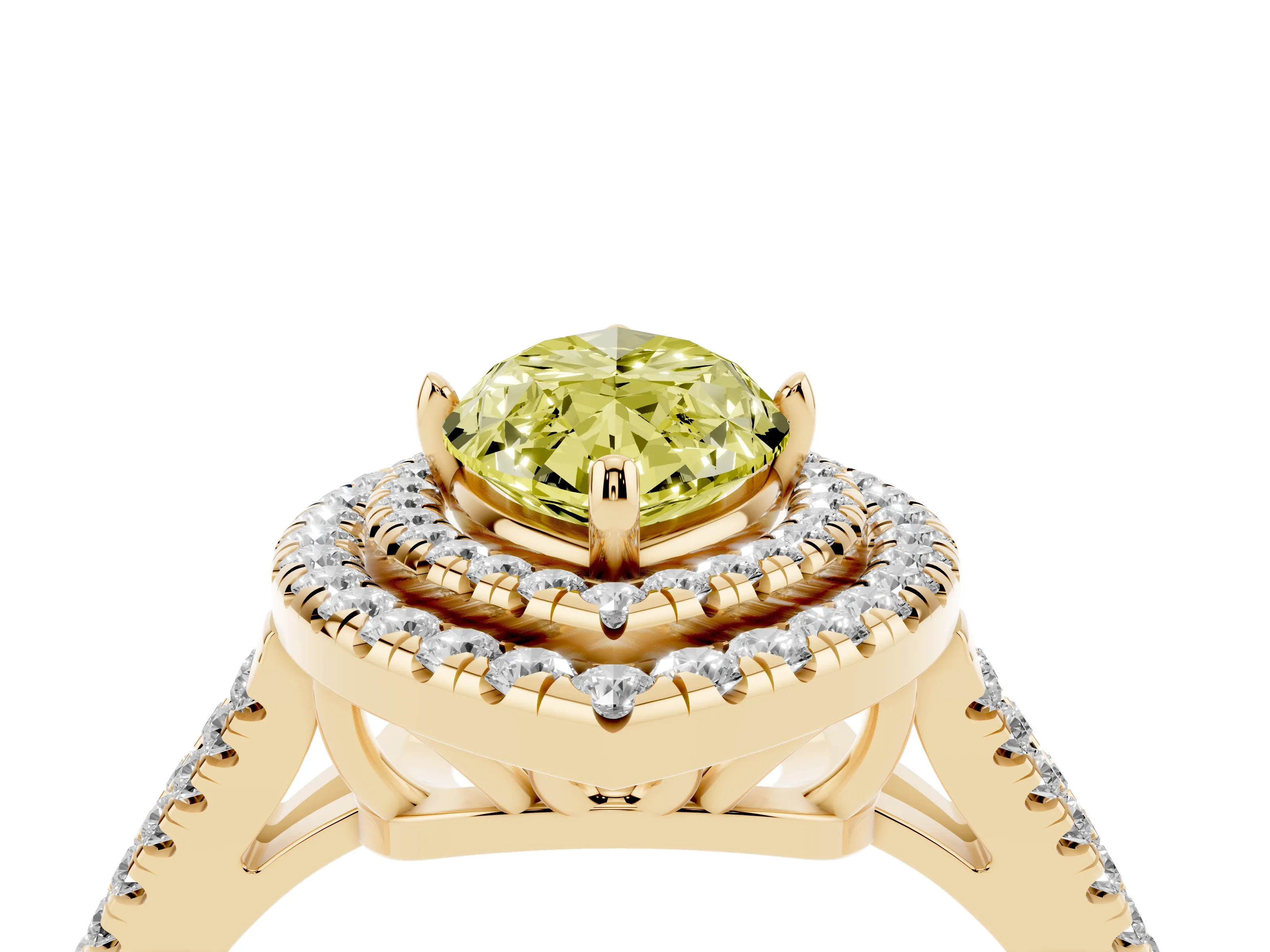Fancy Yellow Marquise Cut Diamond Double Halo Ring Set in Yellow gold with Pavé Band