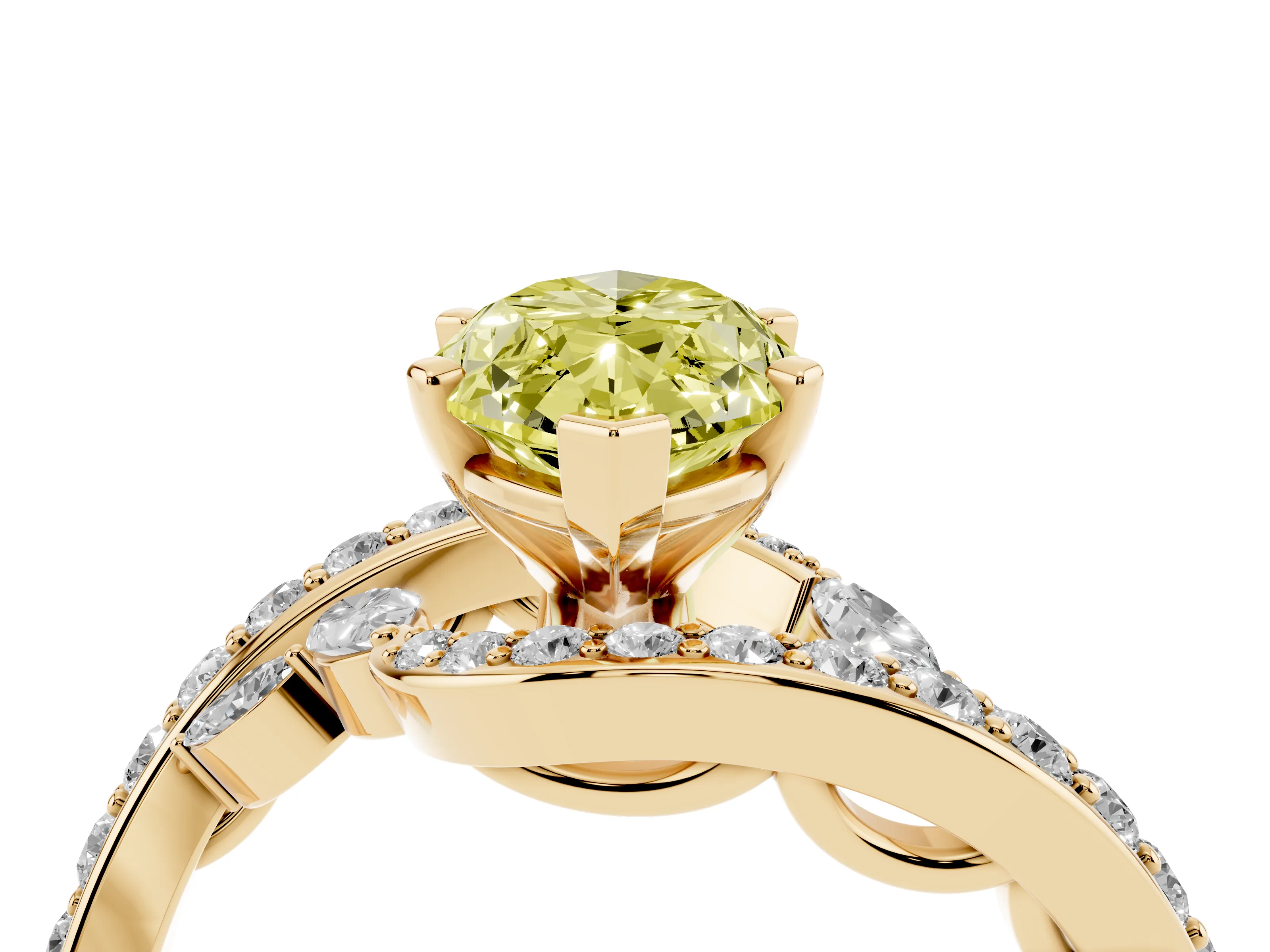 Fancy Yellow Marquise Cut Diamond Solitaire Ring Set in Yellow gold with Pavé Twist Band and Secure Prong Setting