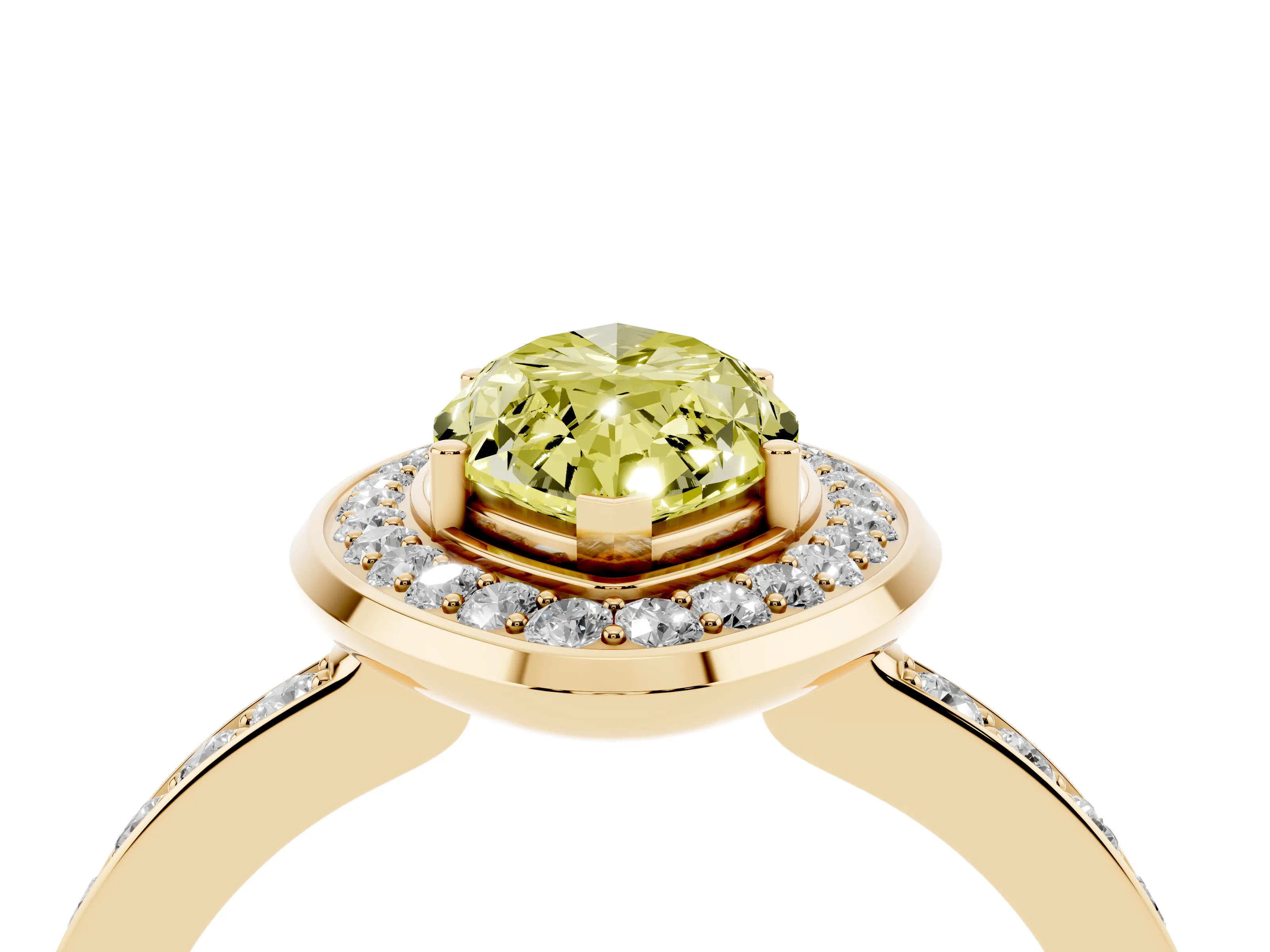 Fancy Yellow Marquise Cut Diamond Halo Ring Set in Yellow gold with Bezel Frame and Pavé Band