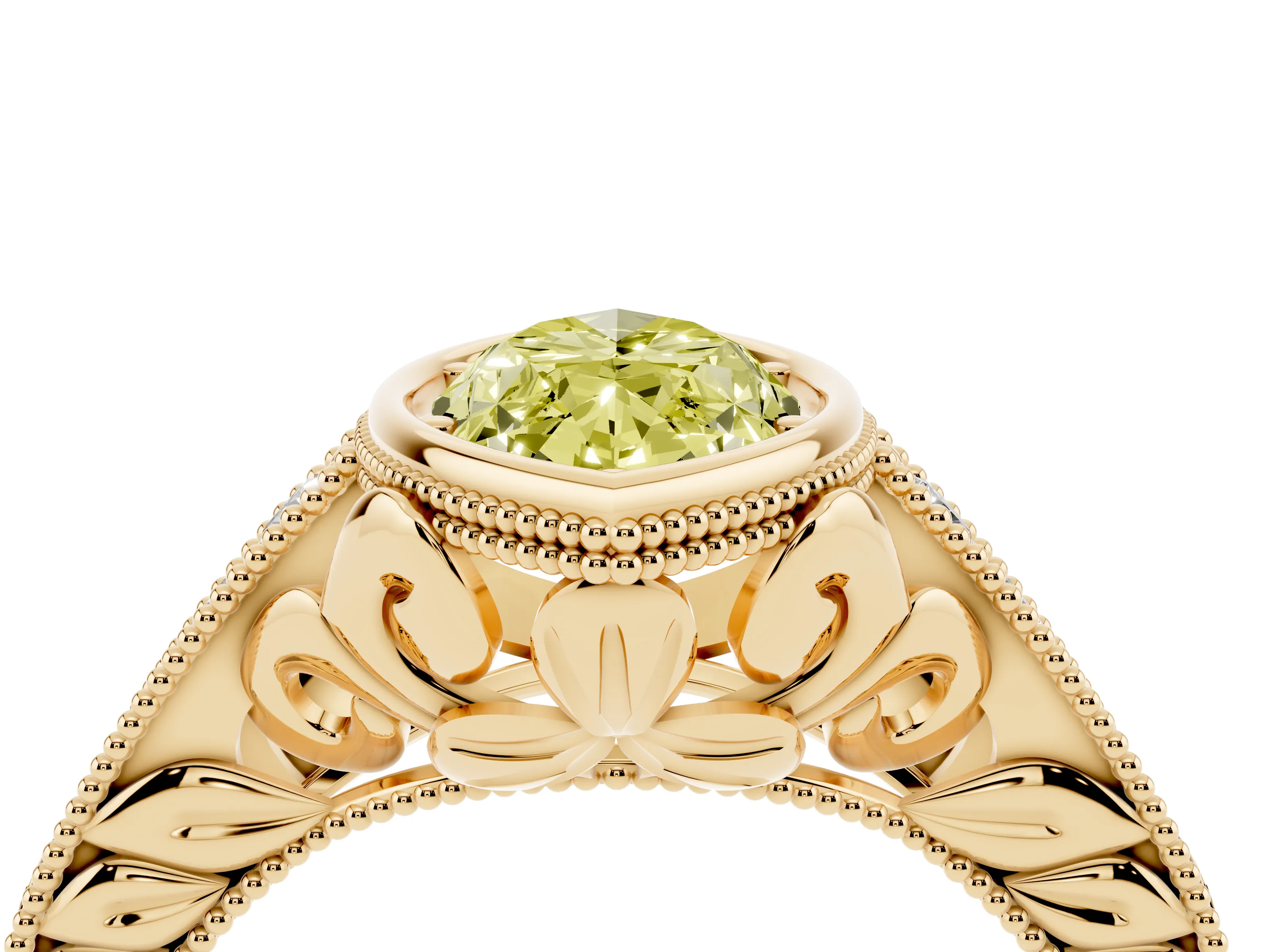 Fancy Yellow Bezel Set Marquise Cut Diamond Milgrain Pavé Engagement Ring Set in Yellow gold