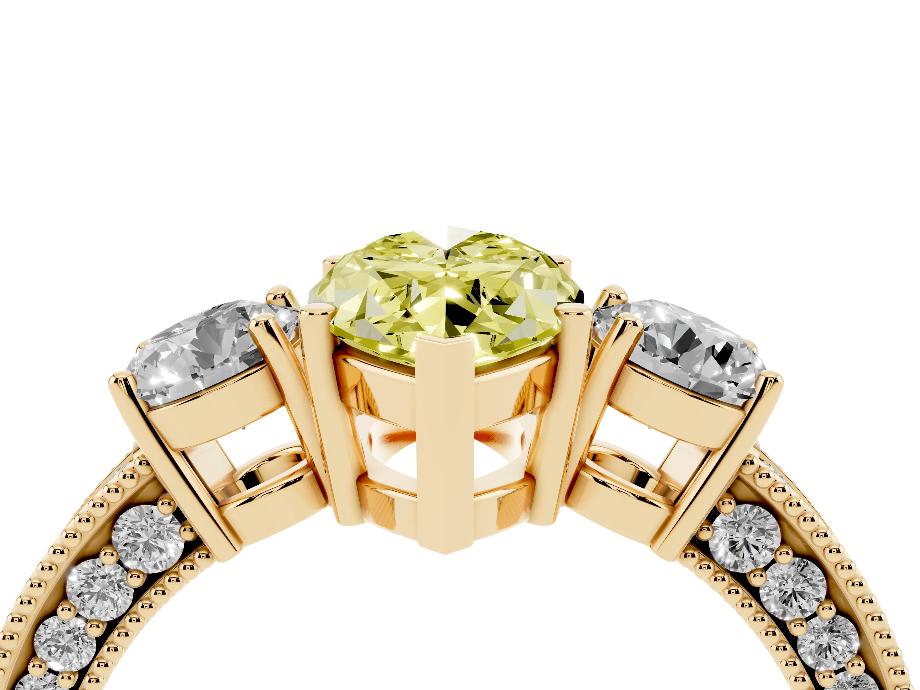 Fancy Yellow Marquise Cut Diamond Three-Stone Ring Set in Yellow gold with Round Side Stones and Pavé Band