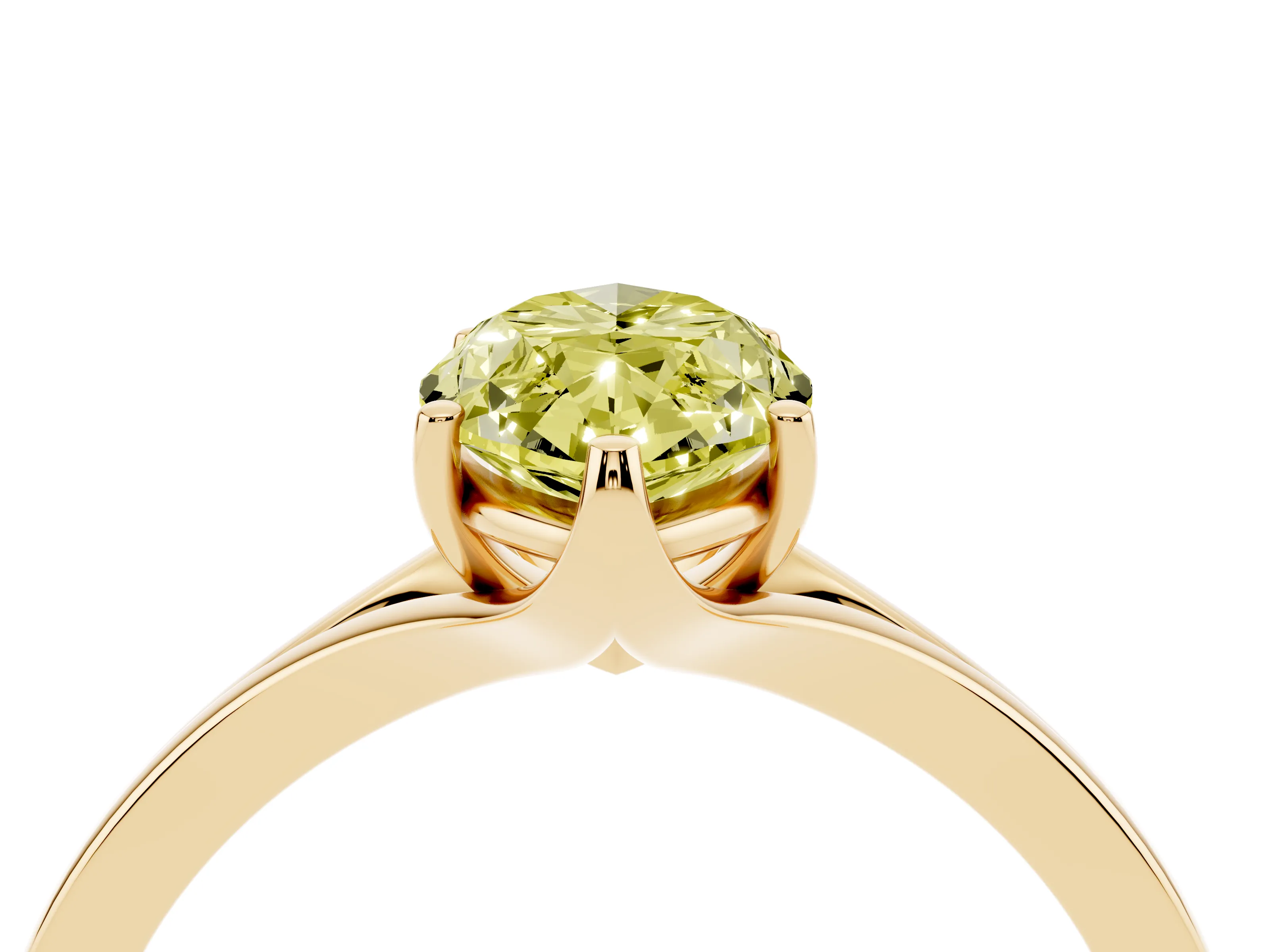 Fancy Yellow Marquise Cut Diamond Solitaire Ring Set in Yellow gold with Polished Tapered Band and Prong Setting