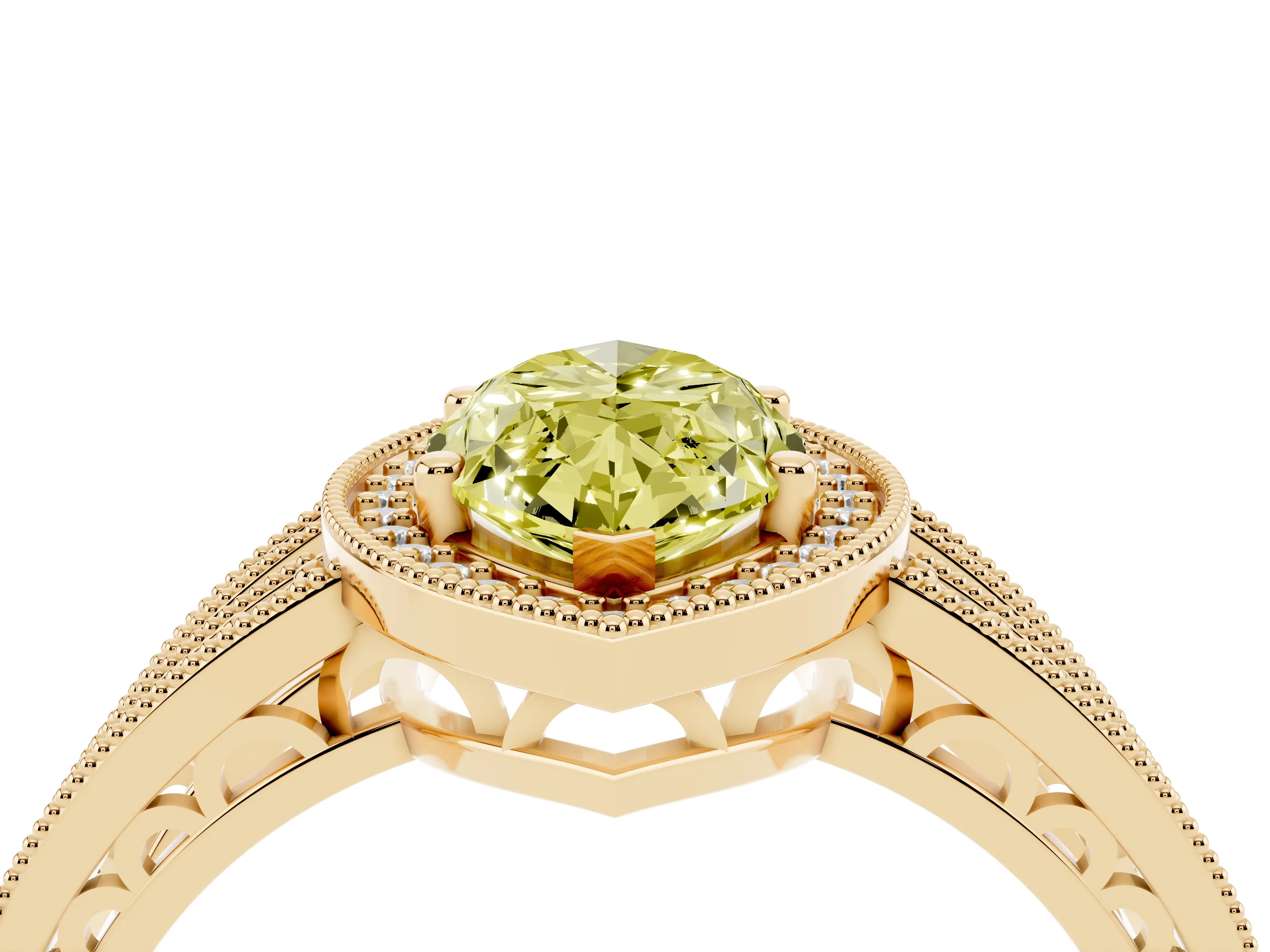 Fancy Yellow Marquise Cut Diamond Halo Ring Set in Yellow gold with Accent Split Shank and Prong Setting
