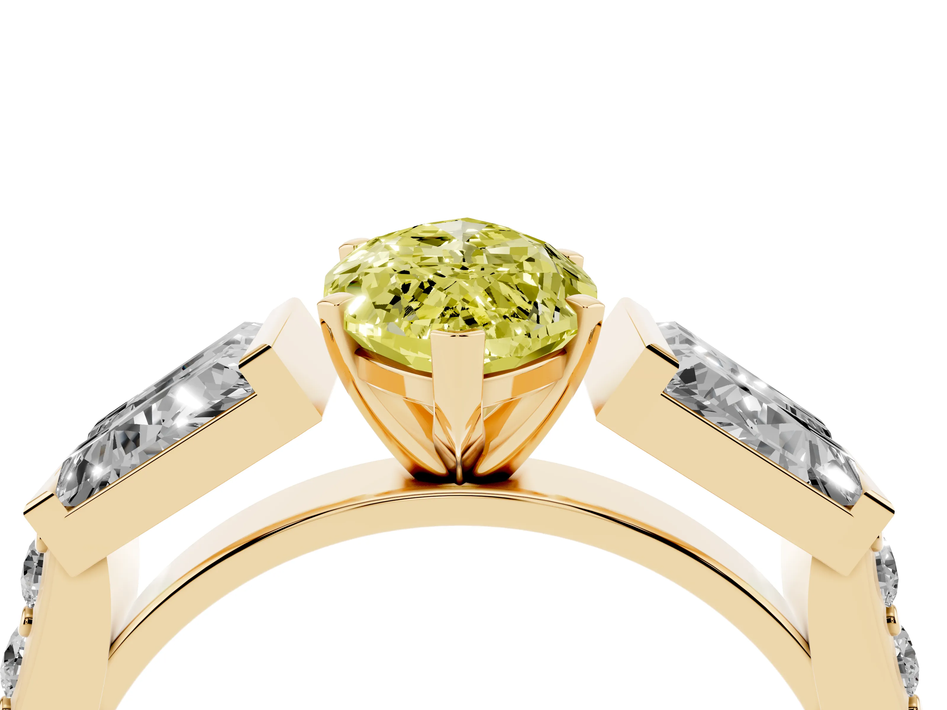 Fancy Yellow Marquise Cut Diamond Engagement Ring Set in Yellow gold with Baguette Side Stones and Channel Set Band