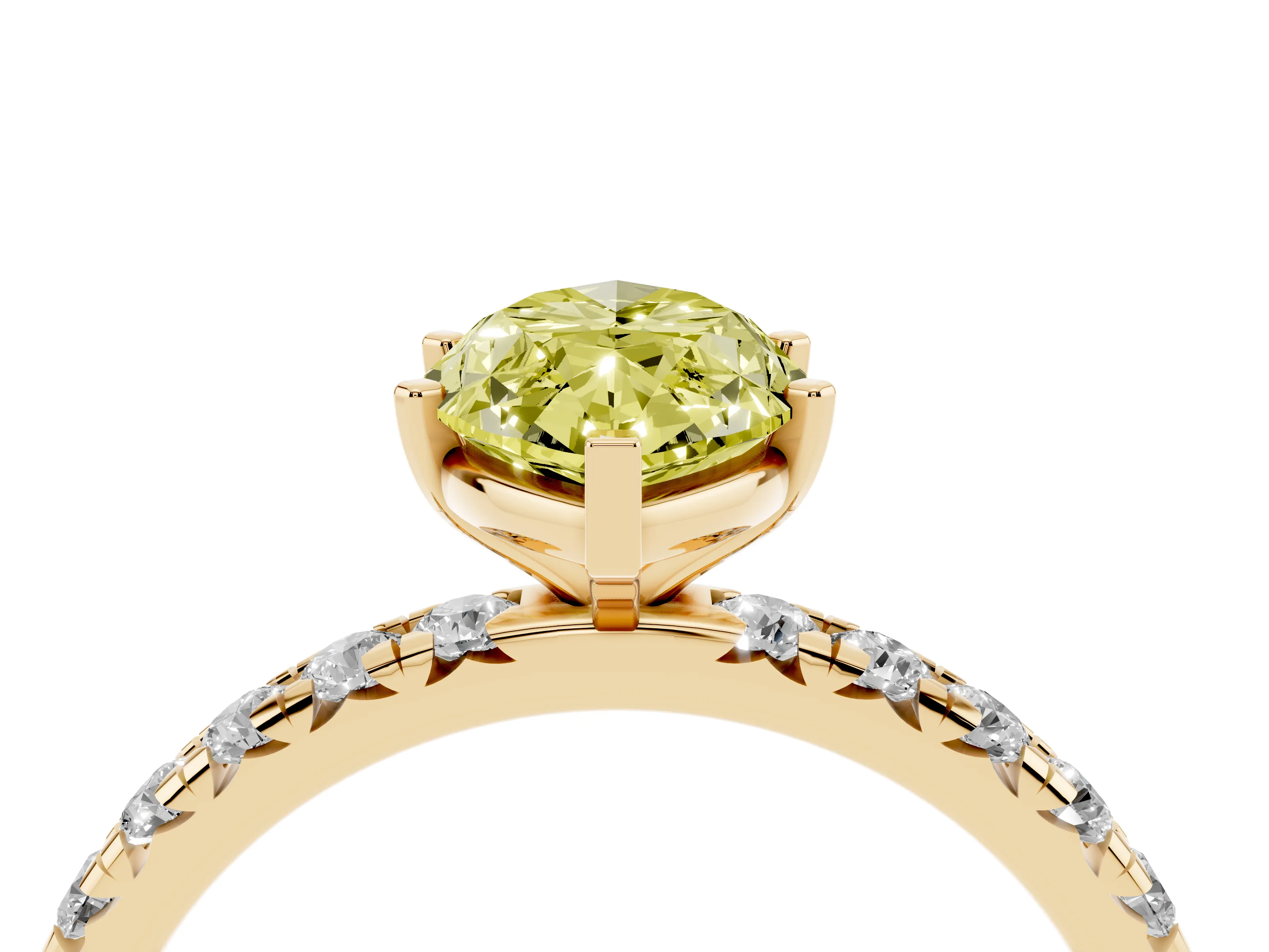 Fancy Yellow Marquise Cut Diamond Pavé Solitaire Ring Set in Yellow gold with Round Band and Prong Setting