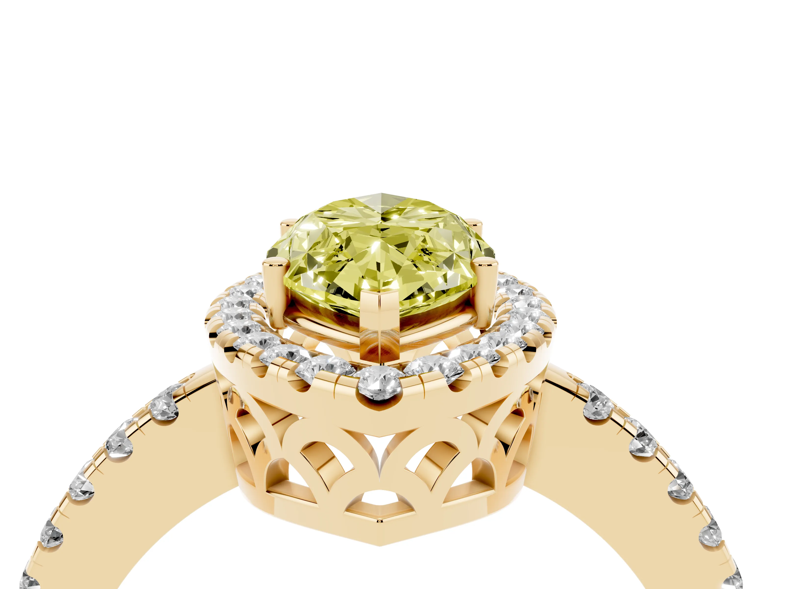 Fancy Yellow Marquise Cut Diamond Pavé Band Halo Engagement Ring Set in Yellow gold with Prong Setting