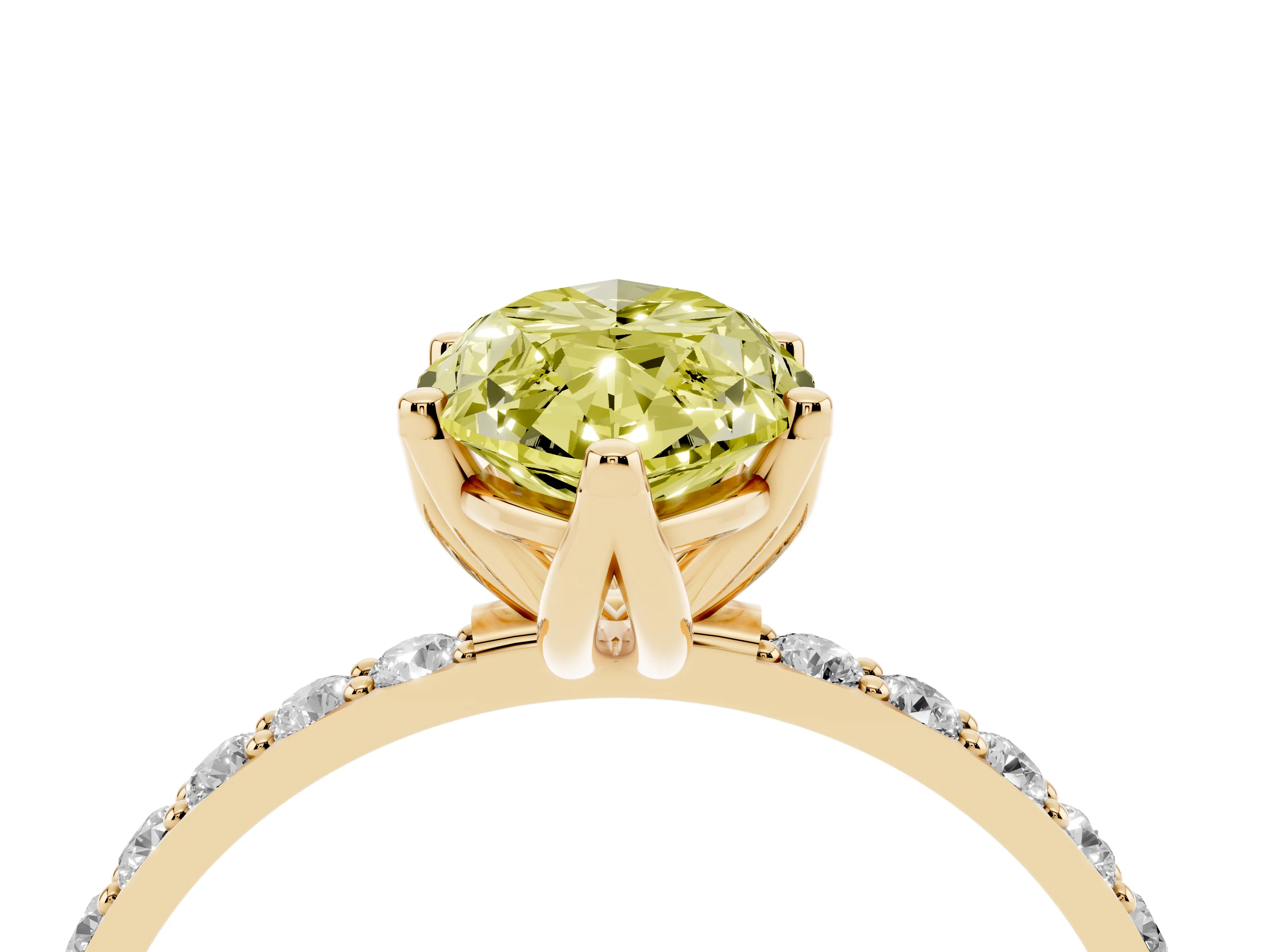 Fancy Yellow Marquise Cut Diamond Solitaire Engagement Ring Set in Yellow gold with Round Pavé Band and Prong Setting