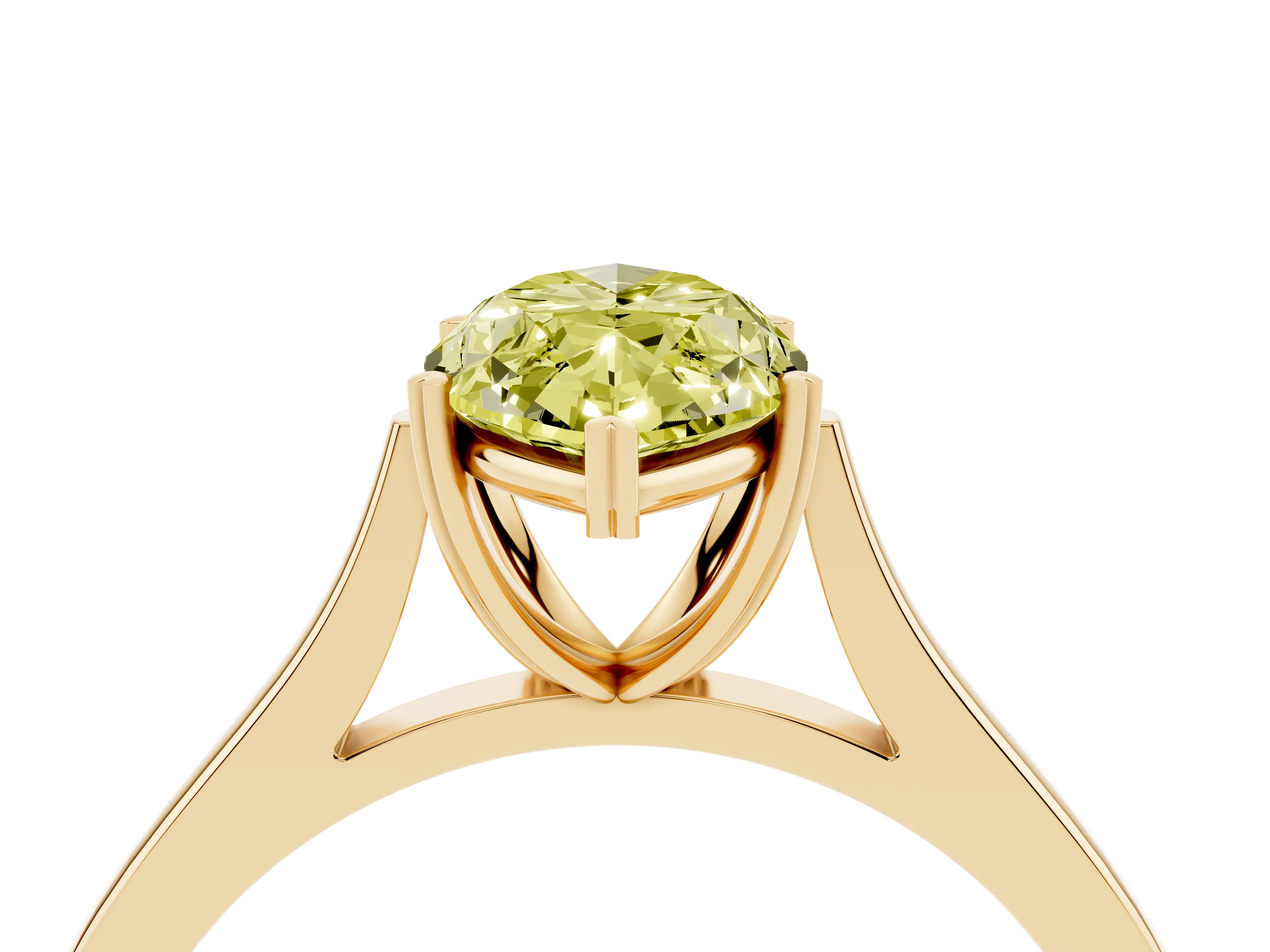 Fancy Yellow Marquise Cut Diamond Solitaire Heart Prong Engagement Ring Set in Yellow gold with Tapered Band
