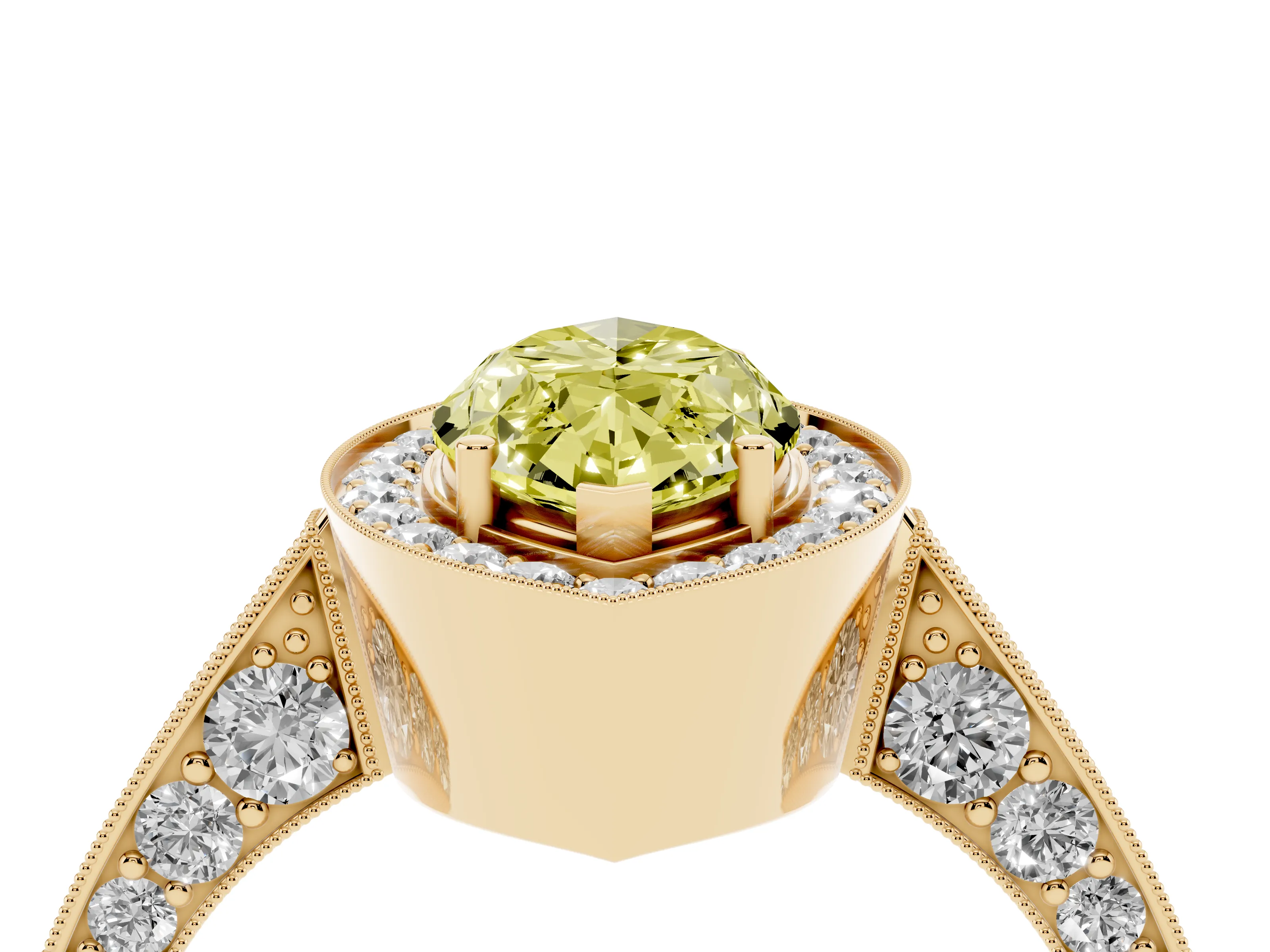Fancy Yellow Marquise Cut Diamond Halo Engagement Ring Set in Yellow gold with Accent Split Shank Band