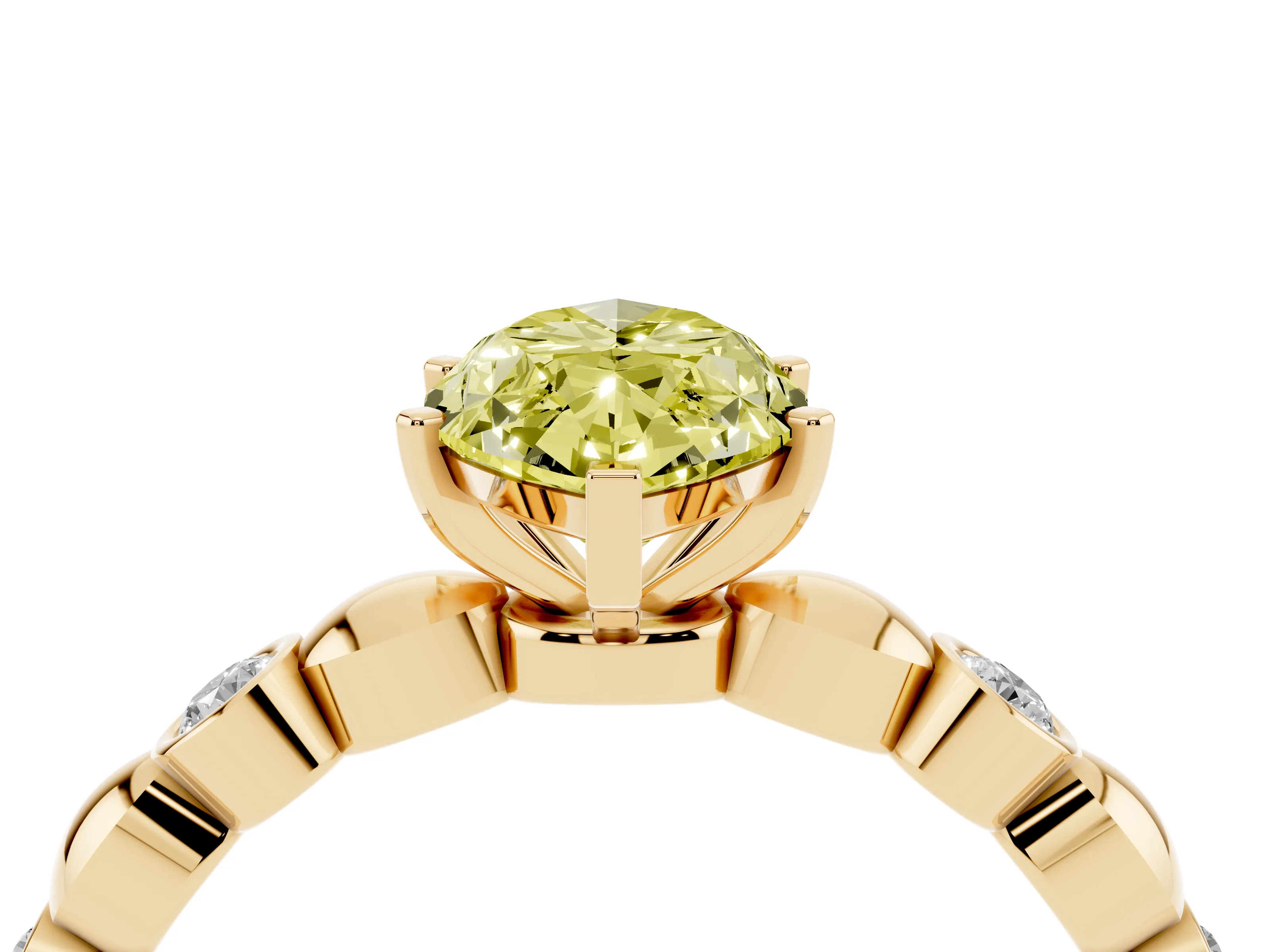 Fancy Yellow Marquise Cut Diamond Solitaire Ring Set in Yellow gold with Bezel-Set Accents on Beaded Band and Prong Setting