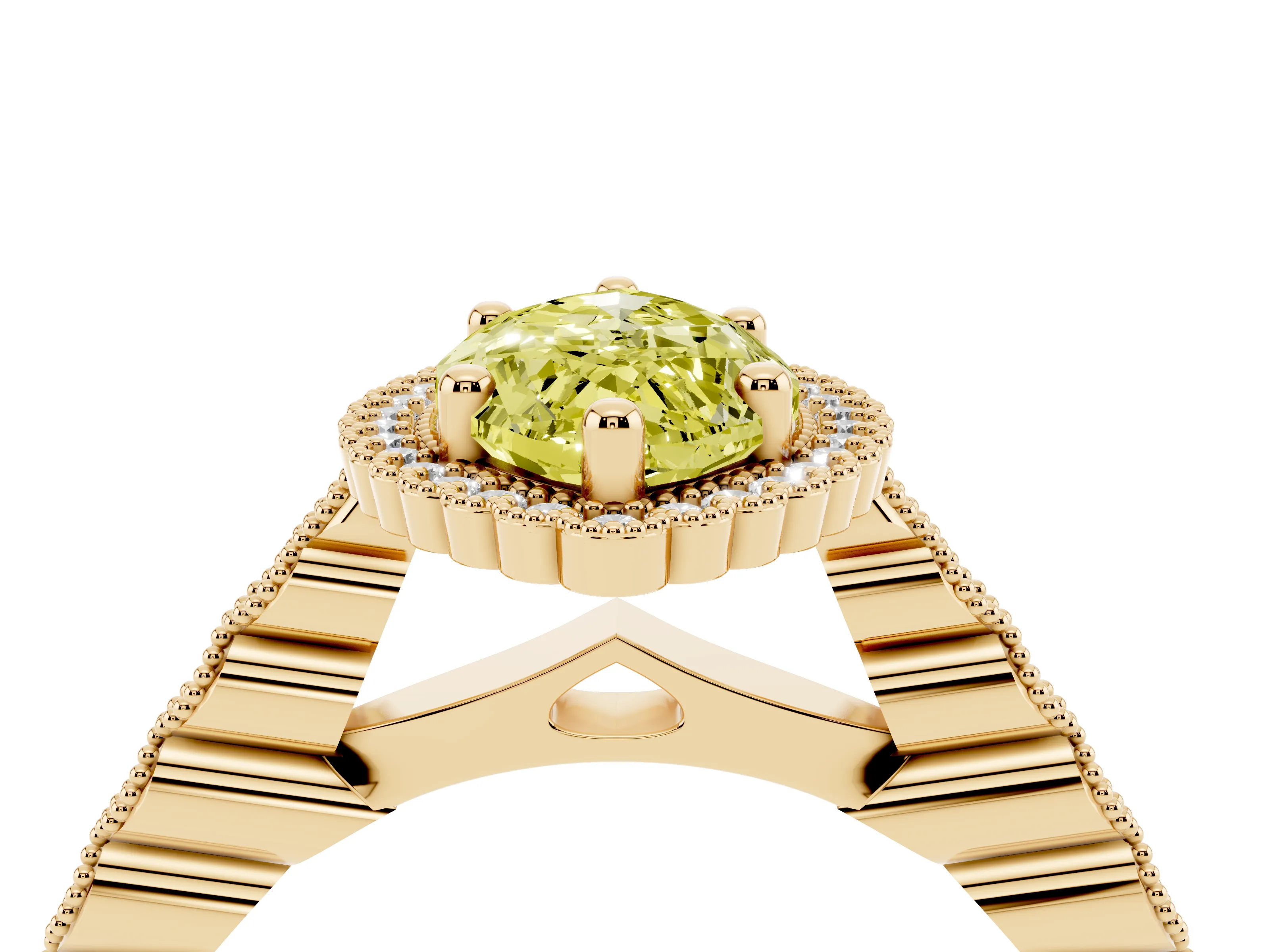 Fancy Yellow Marquise Cut Diamond Halo Ring Set in Yellow gold with Pavé Milgrain Band