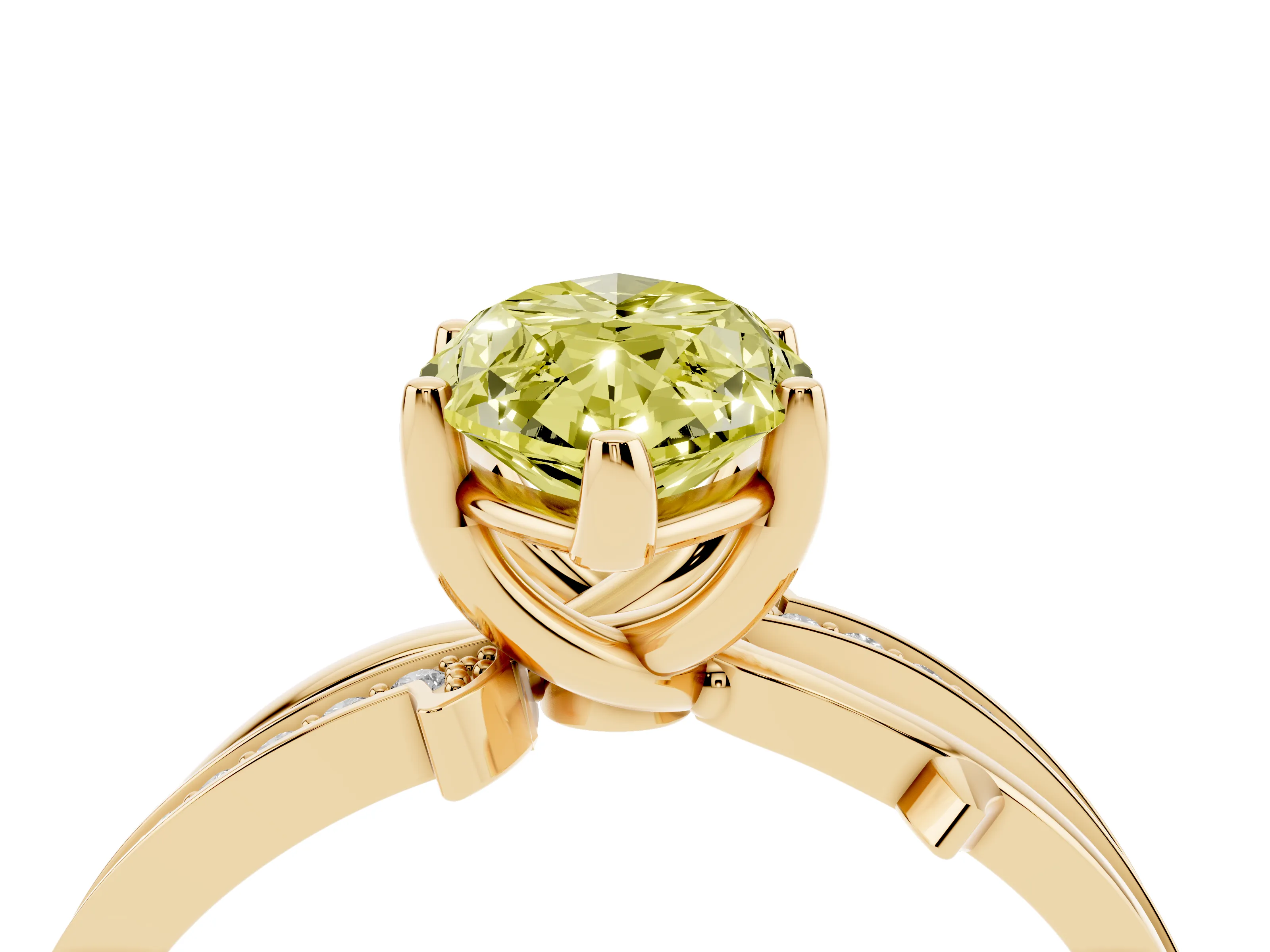 Fancy Yellow Marquise Cut Diamond Pavé Twist Band Solitaire Ring Set in Yellow gold with Prong Setting