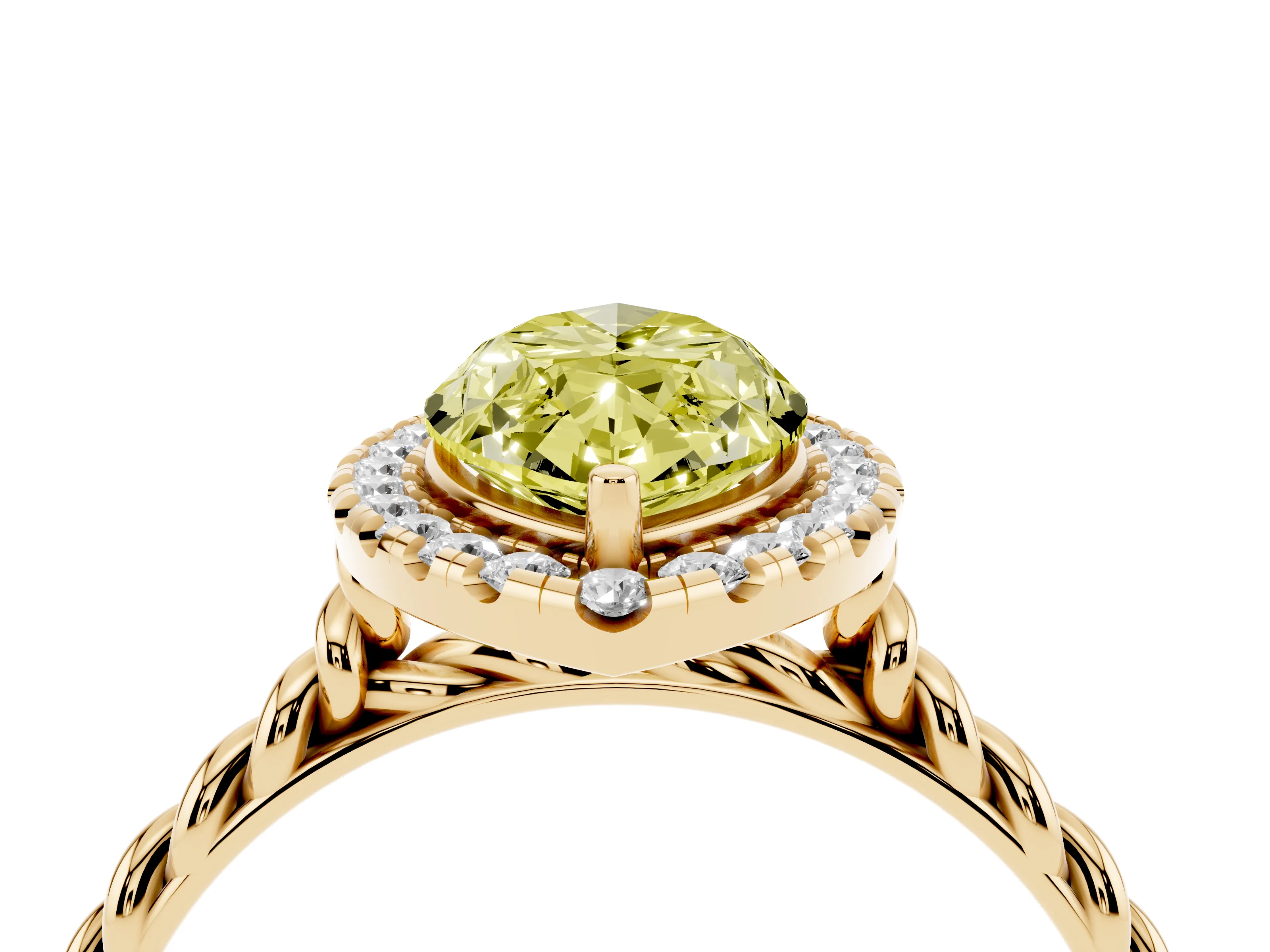 Fancy Yellow Marquise Cut Diamond Halo Ring Set in Yellow gold with Plain Twisted Band