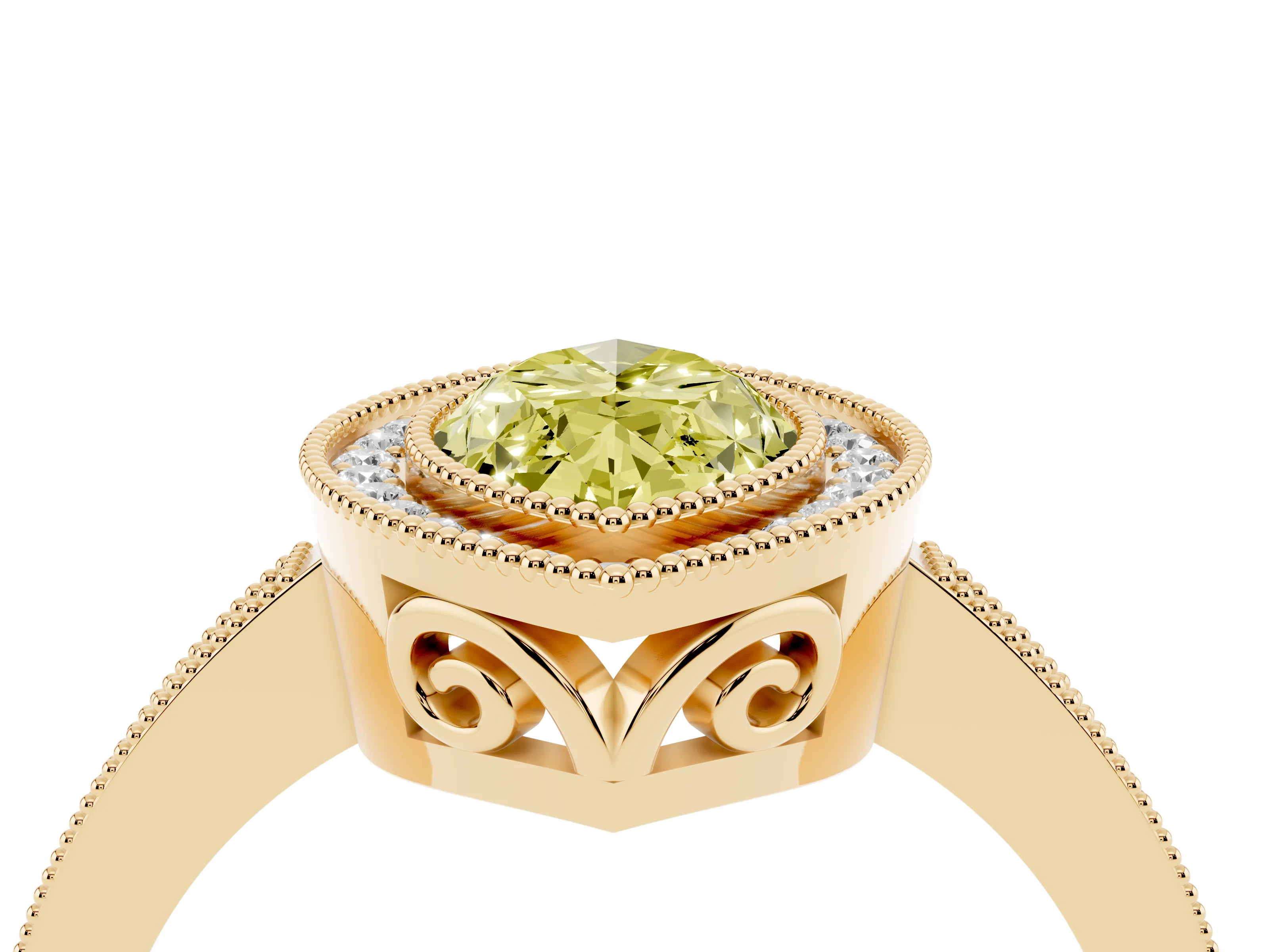 Fancy Yellow Marquise Cut Diamond Halo Ring Set in Yellow gold with Pavé Band and Milgrain-Edged Prongs