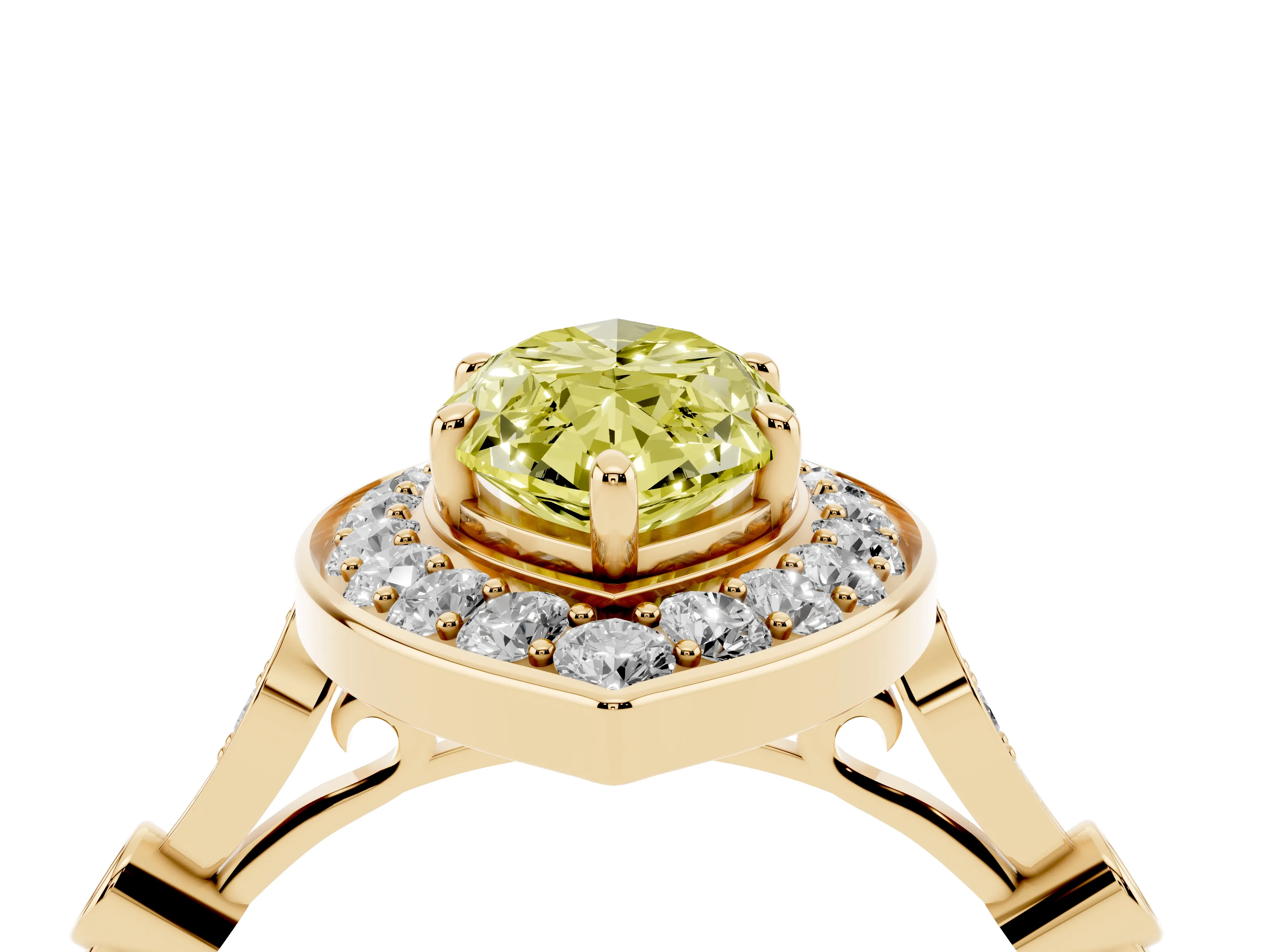 Fancy Yellow Marquise Cut Diamond Halo Engagement Ring Set in Yellow gold with Twisted Band and Prong Setting