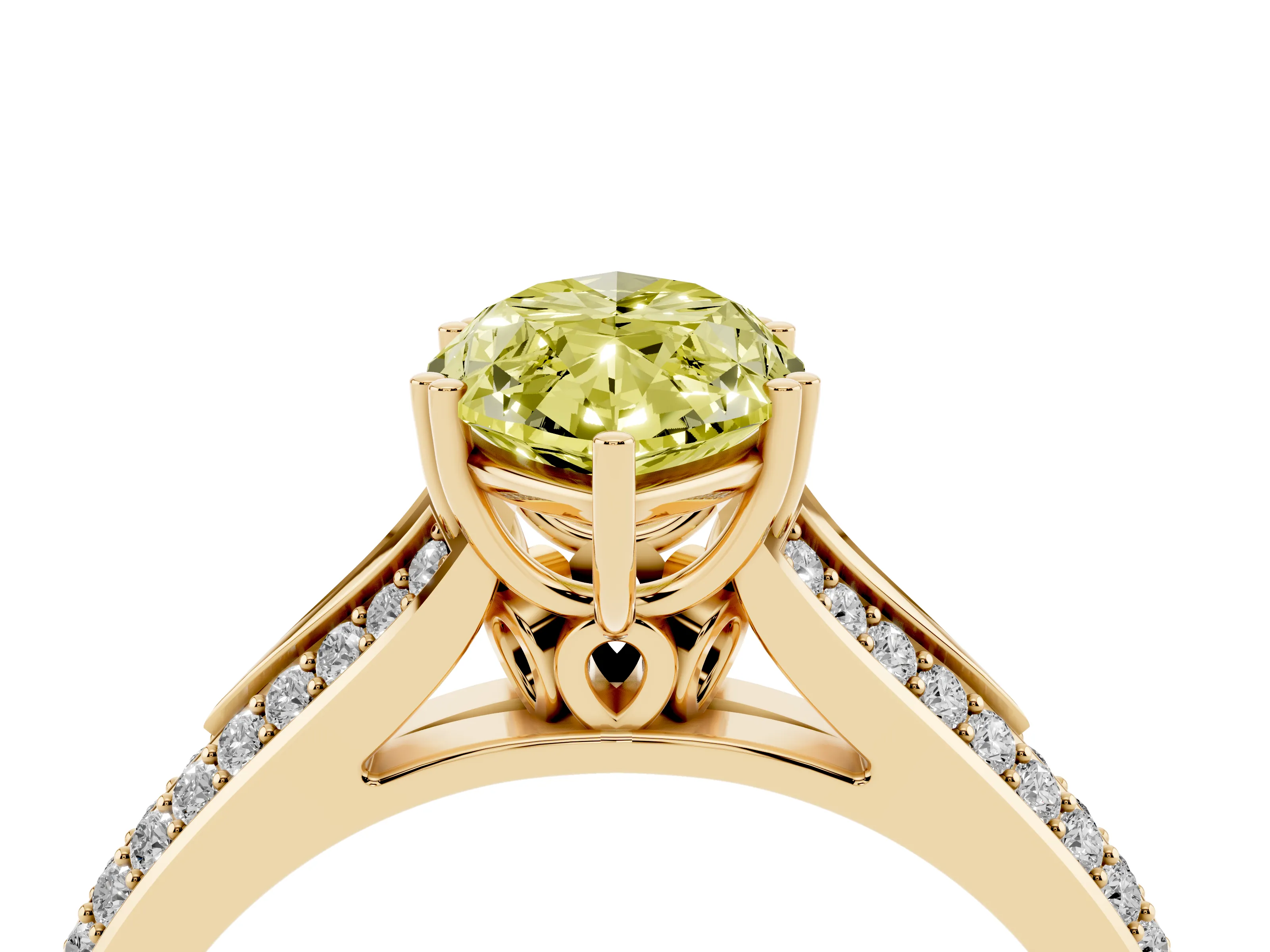 Fancy Yellow Marquise Cut Diamond Split Shank Pavé Engagement Ring Set in Yellow gold with Prong-Set Center Stone