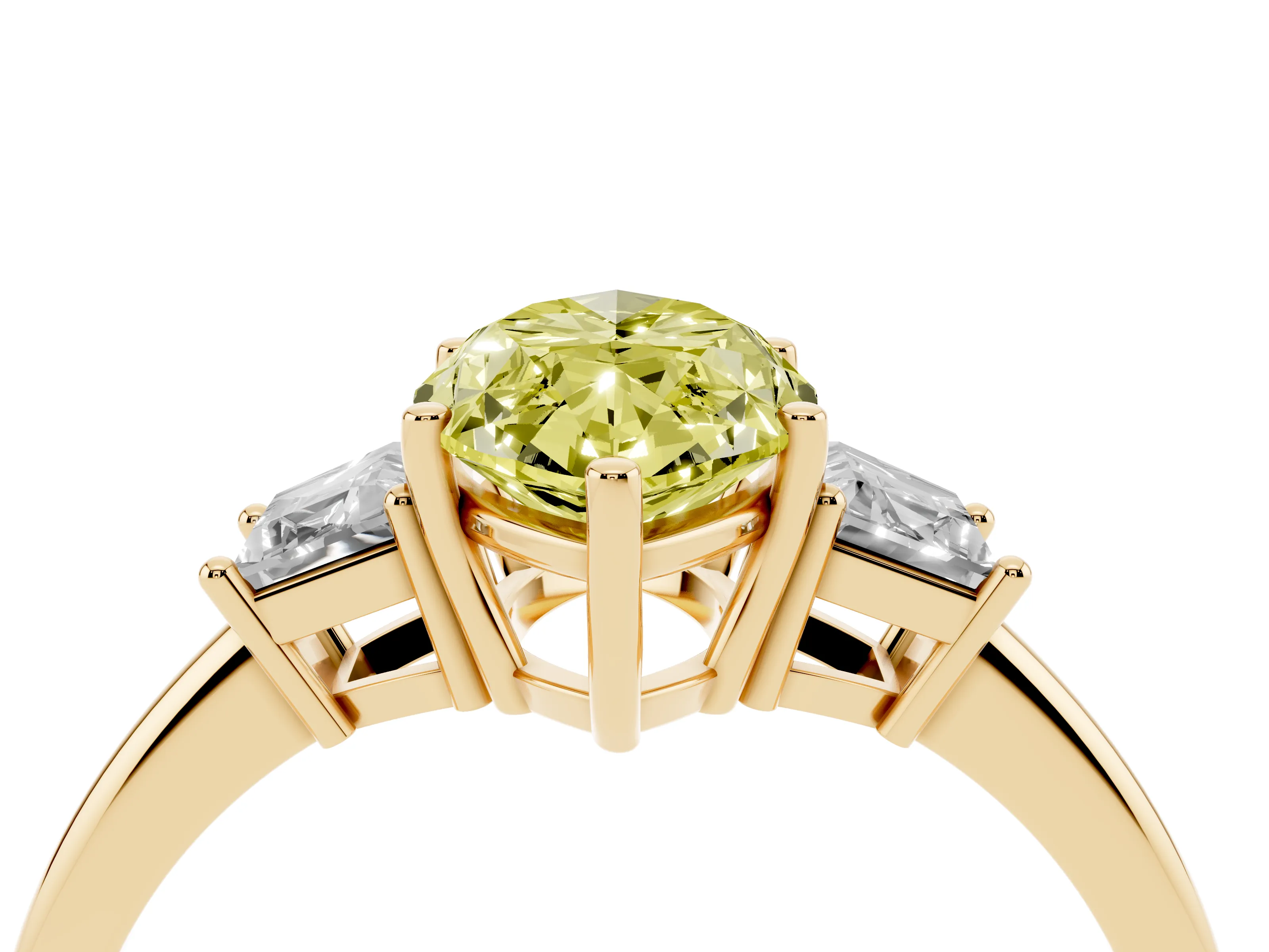 Fancy Yellow Marquise Cut Diamond Three-Stone Ring Set in Yellow gold with Trapezoid Side Stones and Prong Setting