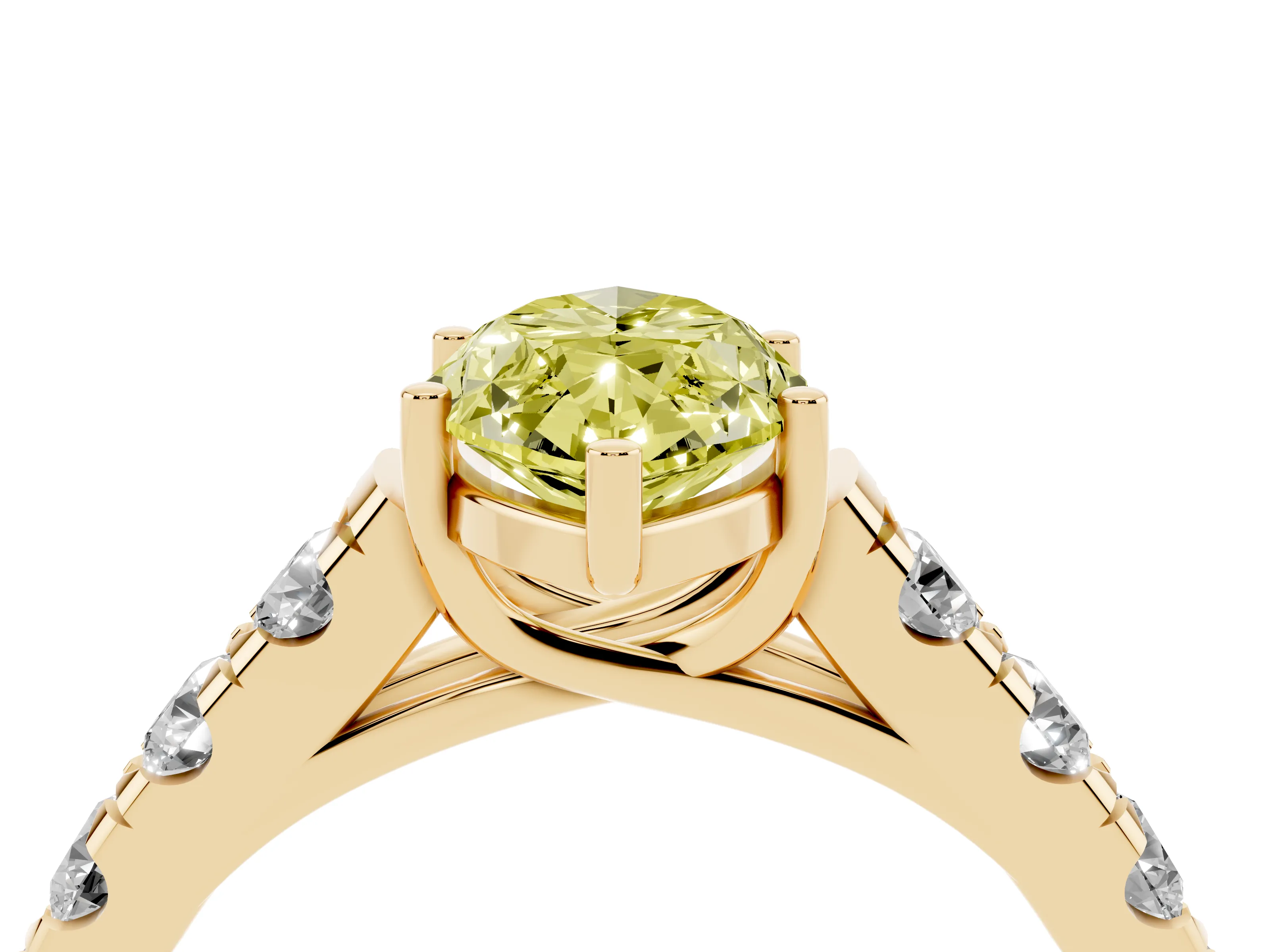 Fancy Yellow Marquise Cut Diamond Solitaire Ring Set in Yellow gold with Cut-Down Micro Pavé Band and Prong Setting