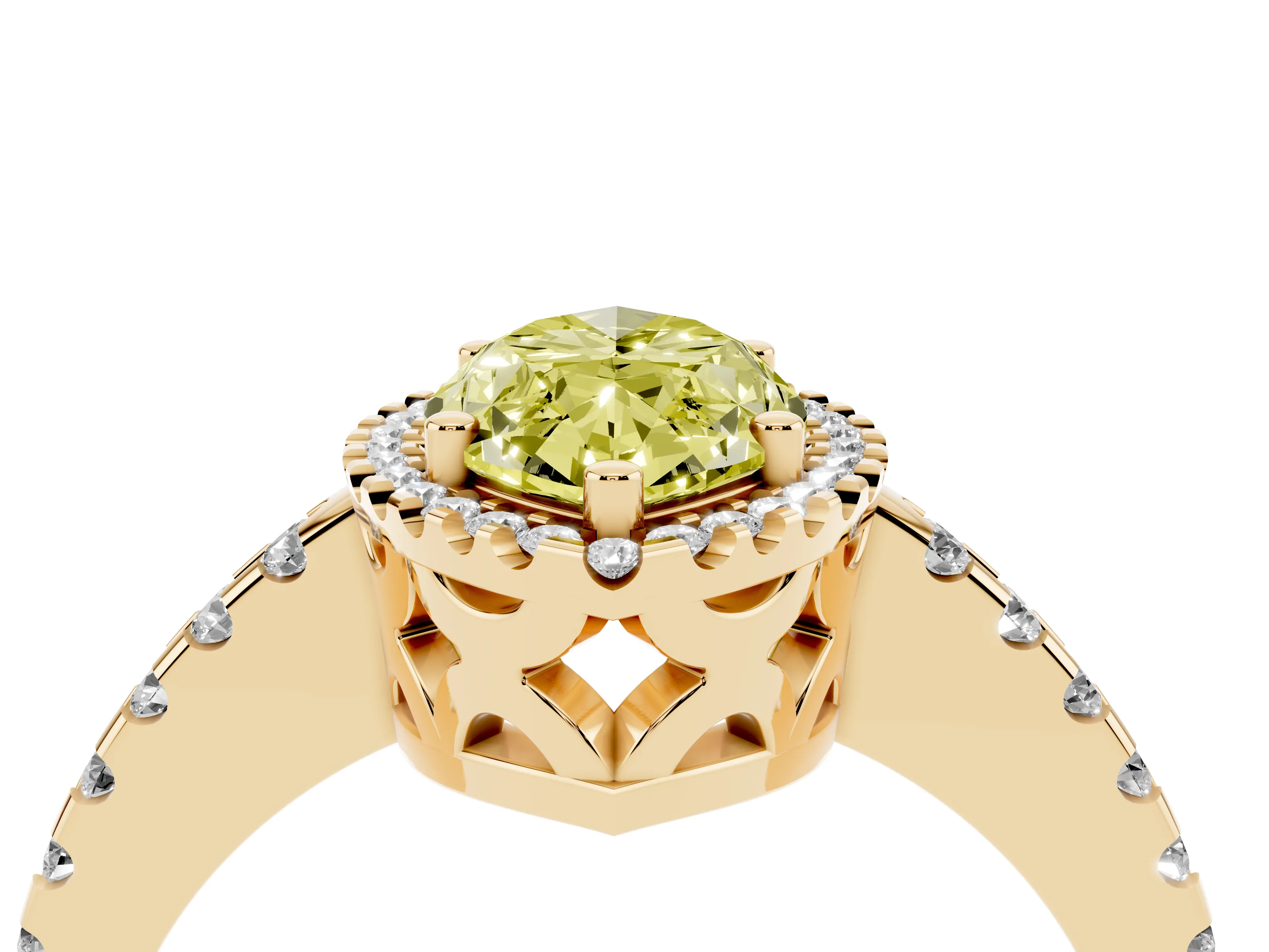 Fancy Yellow Marquise Cut Diamond Halo Ring Set in Yellow gold with Pavé Shoulders and Halo-Framed Center