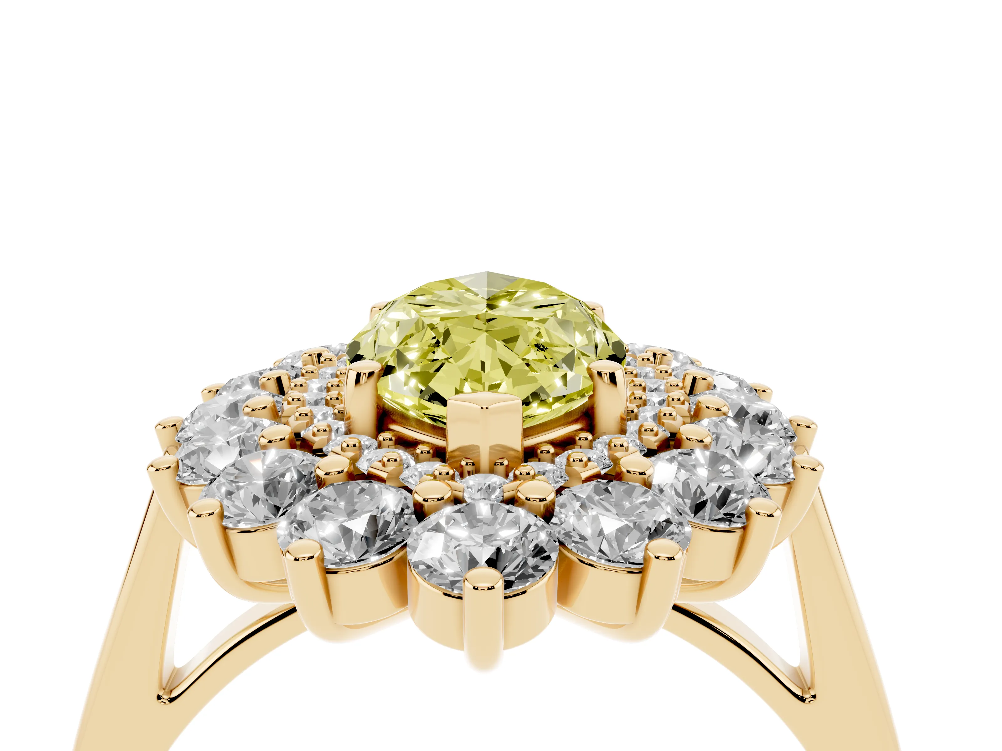 Fancy Yellow Marquise Cut Diamond Floral Double Halo Ring Set in Yellow gold with Round Petals