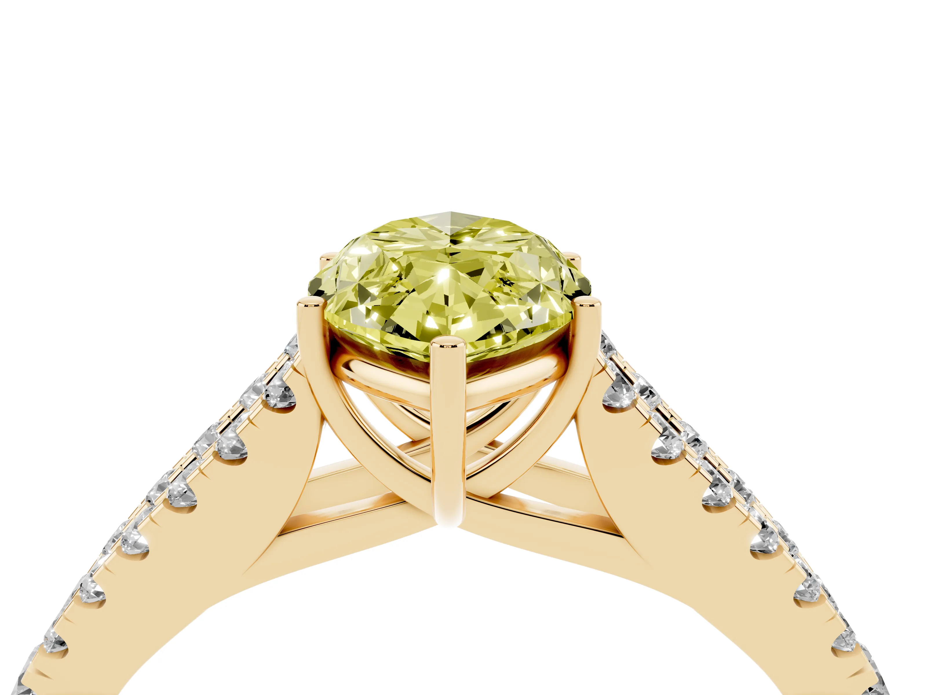 Fancy Yellow Marquise Cut Diamond Split Shank Pavé Engagement Ring Set in Yellow gold with Prong-Held Center Stone