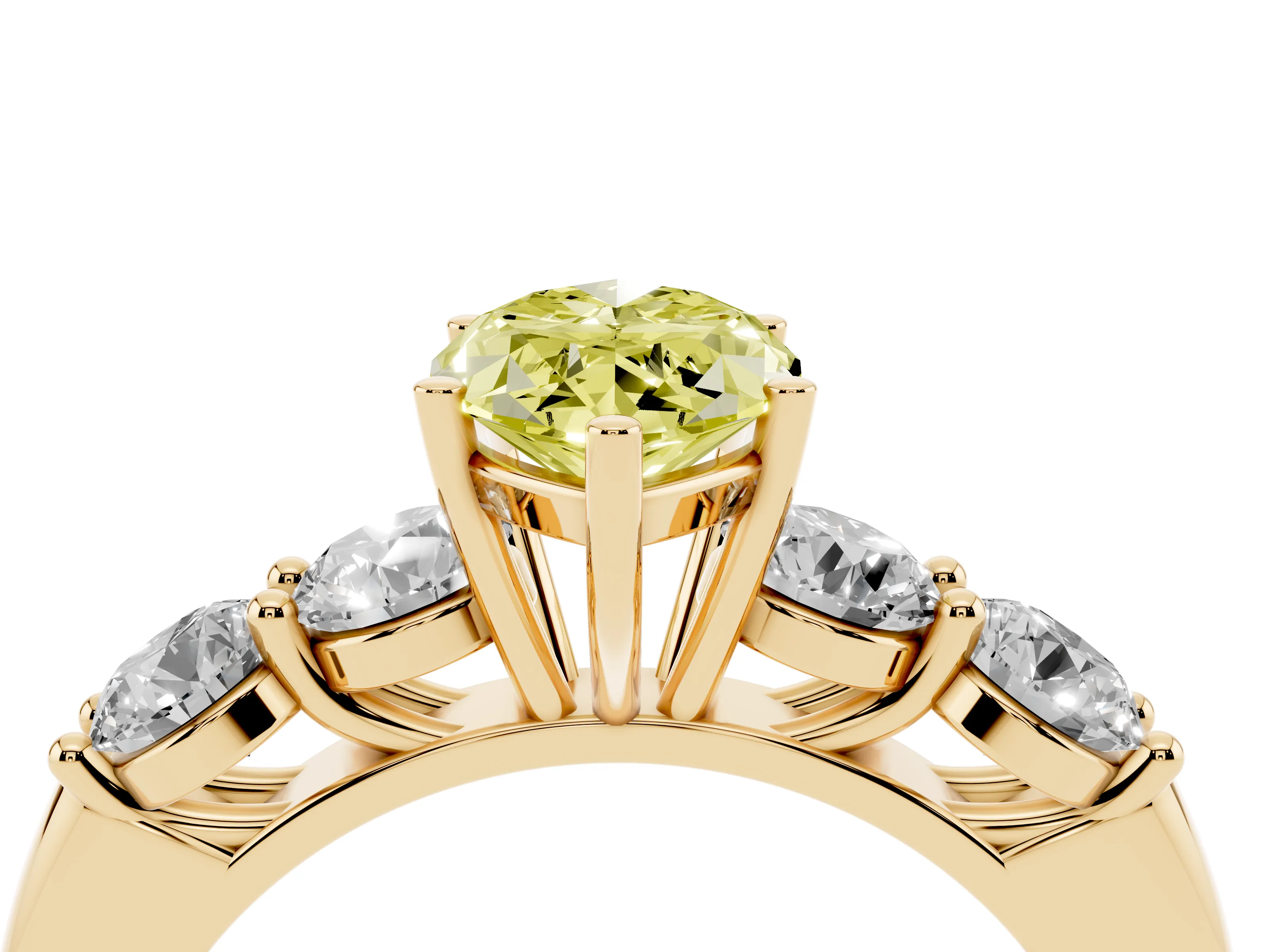 Fancy Yellow Marquise Cut Diamond Five-Stone Prong Set Ring Set in Yellow gold with Classic Band