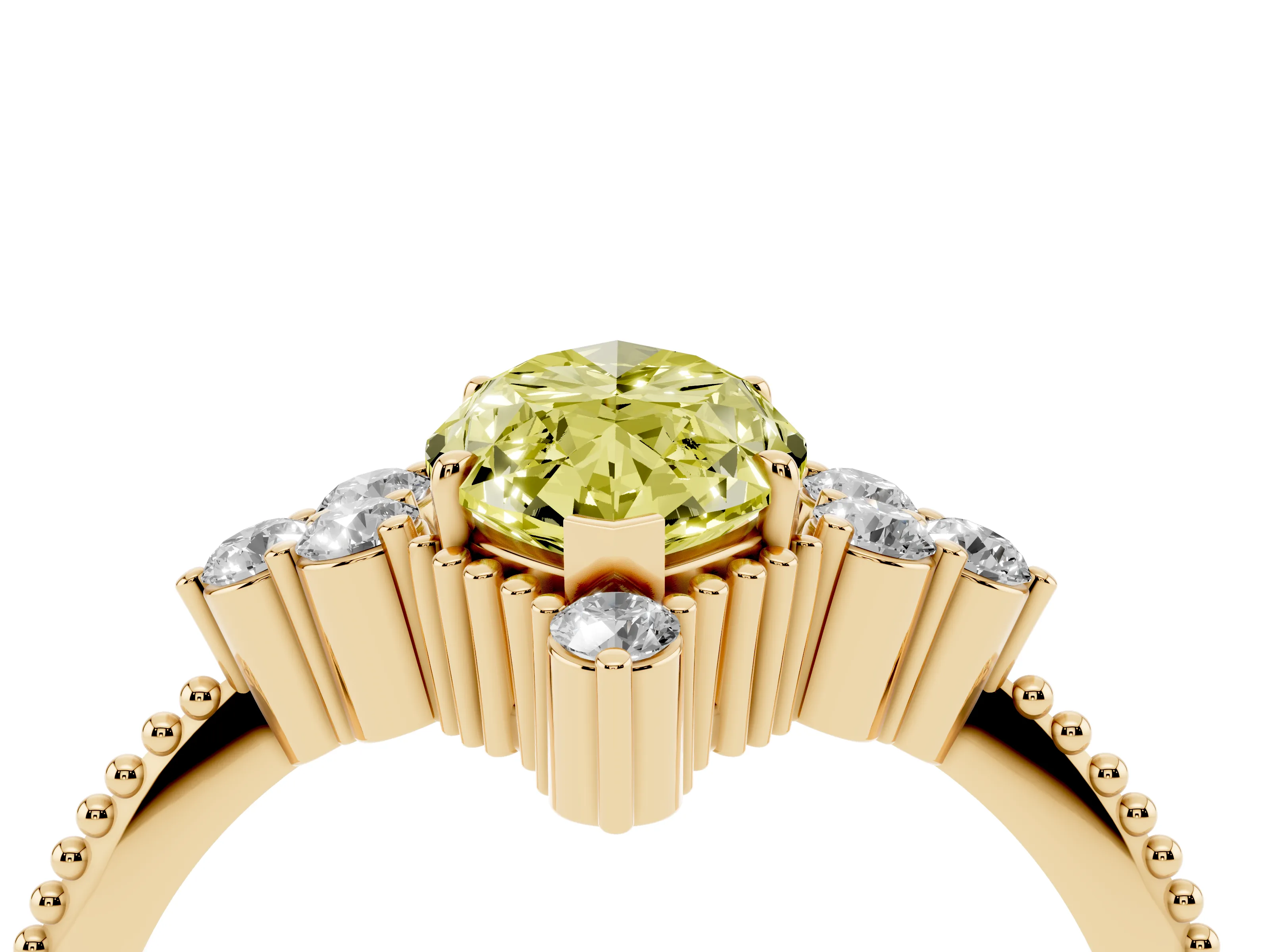Fancy Yellow Marquise Cut Diamond Cluster Ring Set in Yellow gold with Beaded Band
