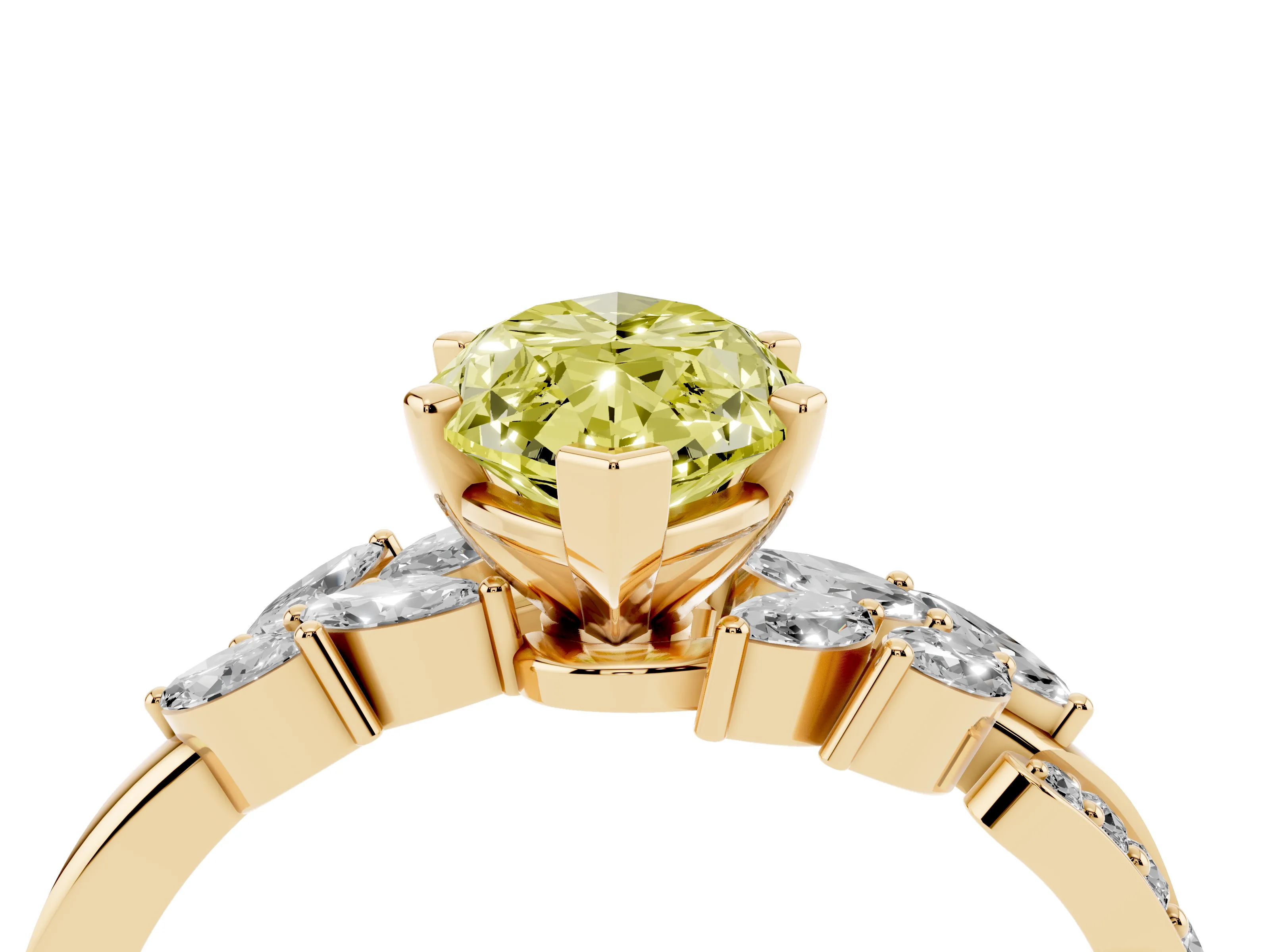 Fancy Yellow Marquise Cut Diamond Solitaire Ring Set in Yellow gold with Marquise Twist Band and Prong Setting