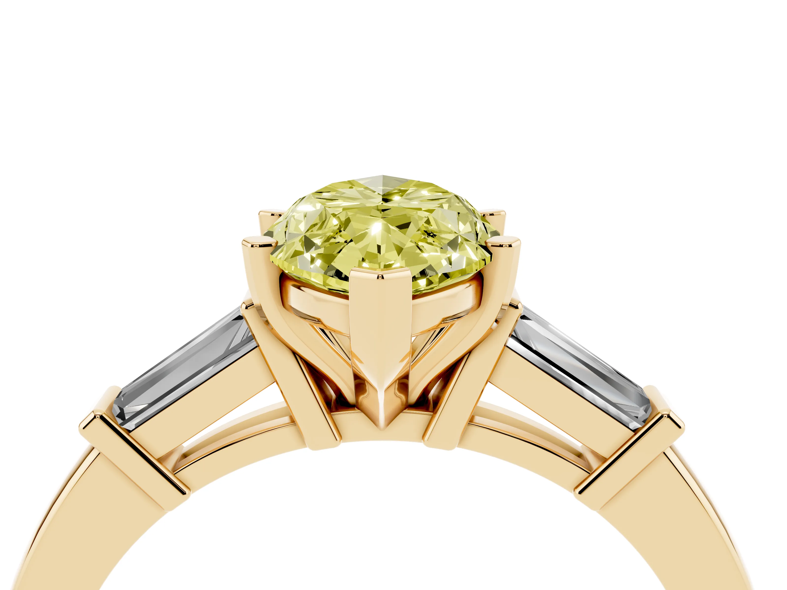 Fancy Yellow Marquise Cut Diamond Solitaire Ring Set in Yellow gold with Tapered Baguette Accents and Prong Setting
