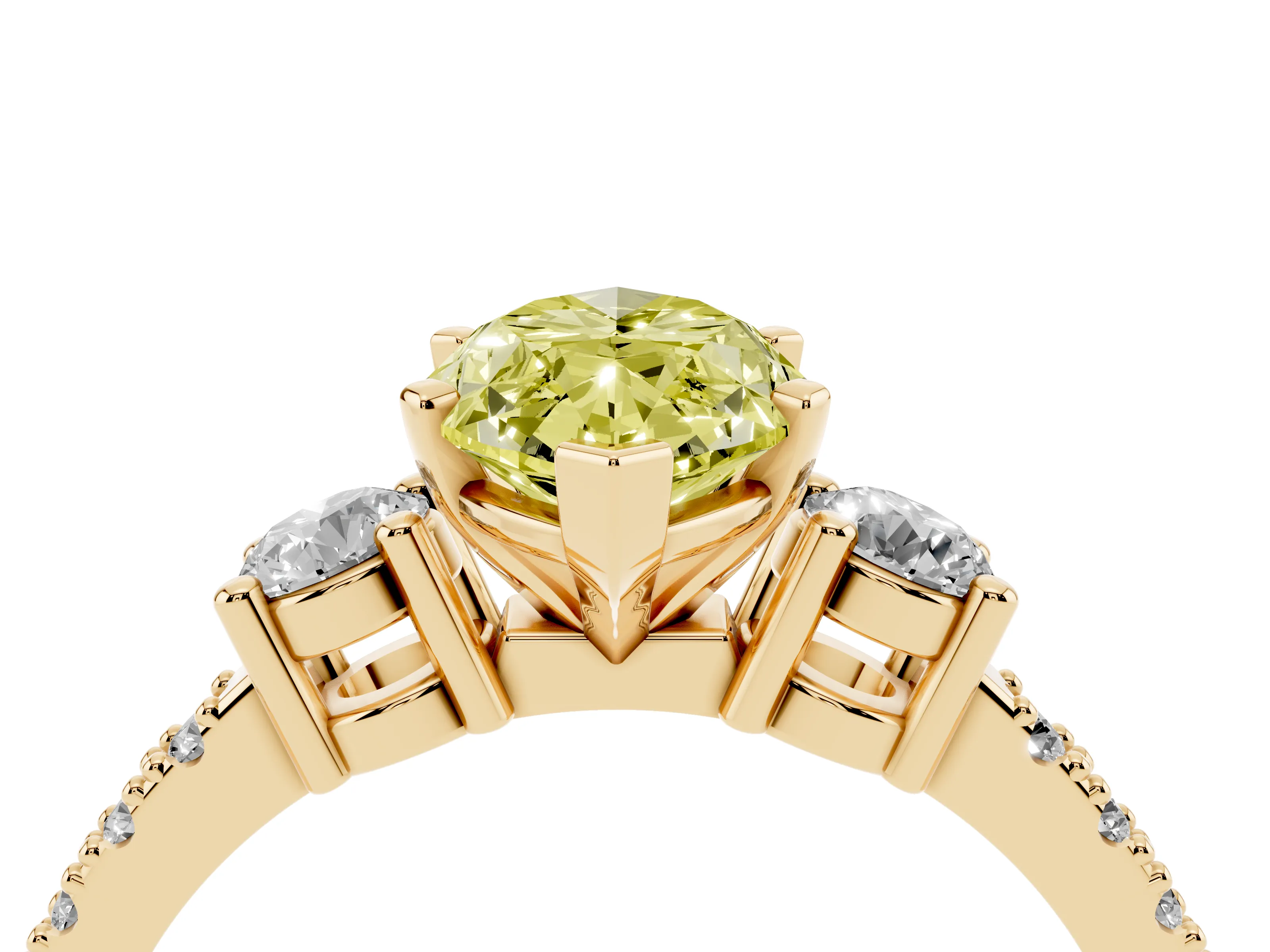 Fancy Yellow Three-Stone Marquise Cut Diamond Pavé Band Ring Set in Yellow gold with Prong Setting