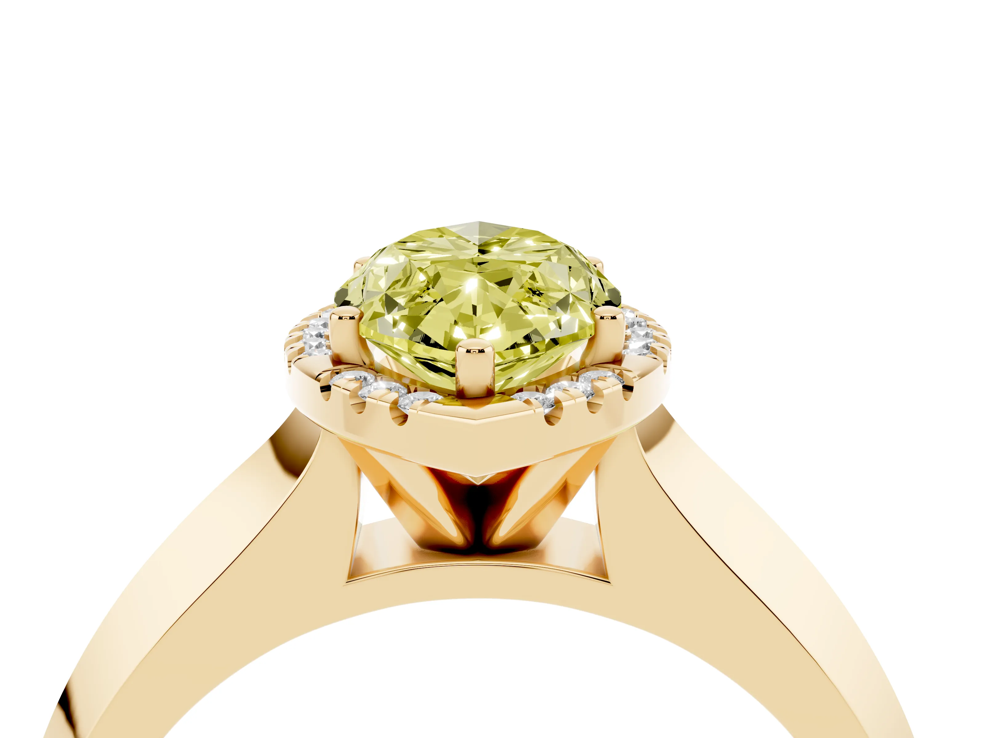 Fancy Yellow Marquise Cut Diamond Halo Ring Set in Yellow gold with Cathedral Band and Prong Setting
