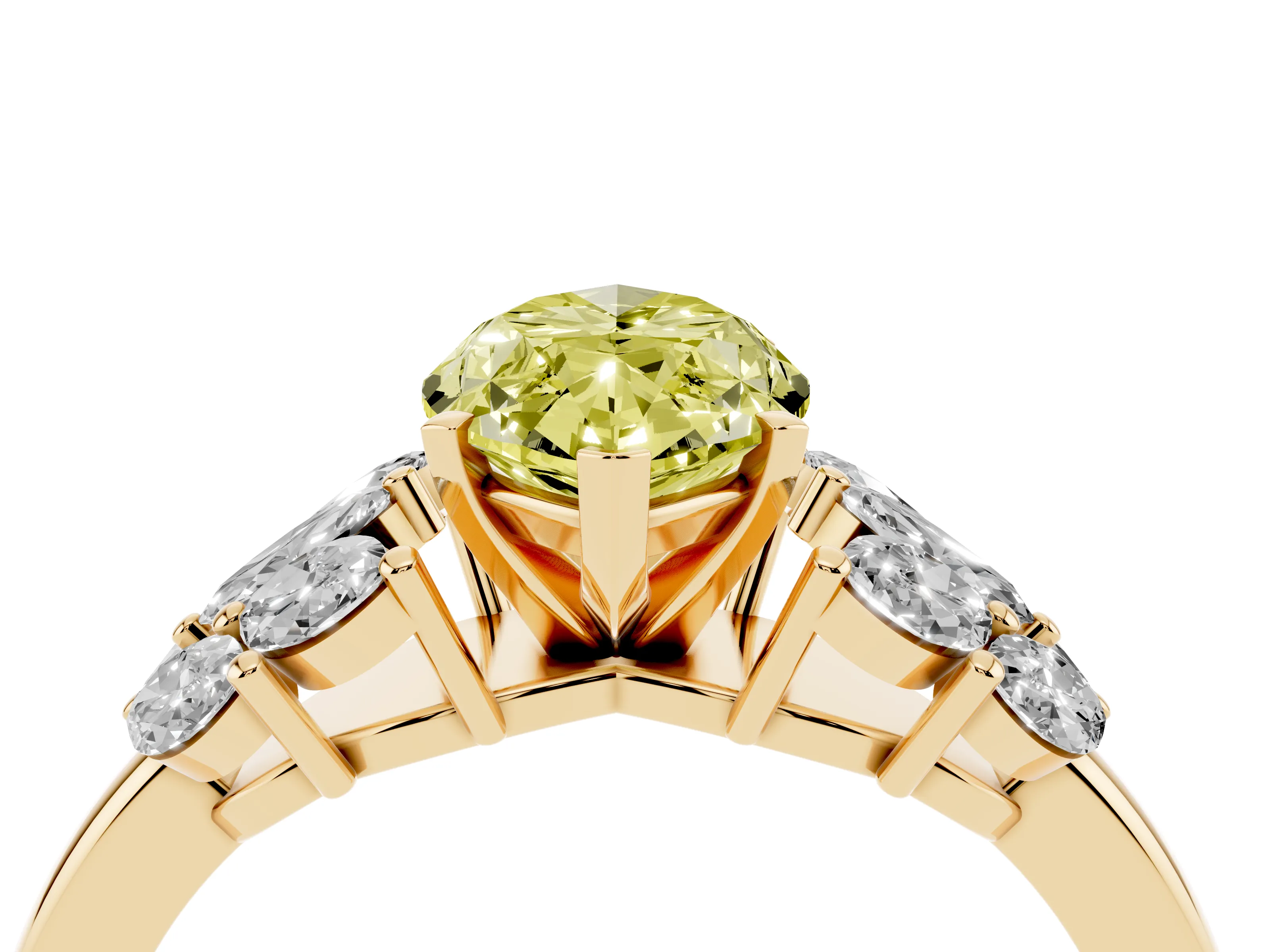 Fancy Yellow Marquise Cut Diamond Cluster Leaf Design Ring Set in Yellow gold with Prong Setting