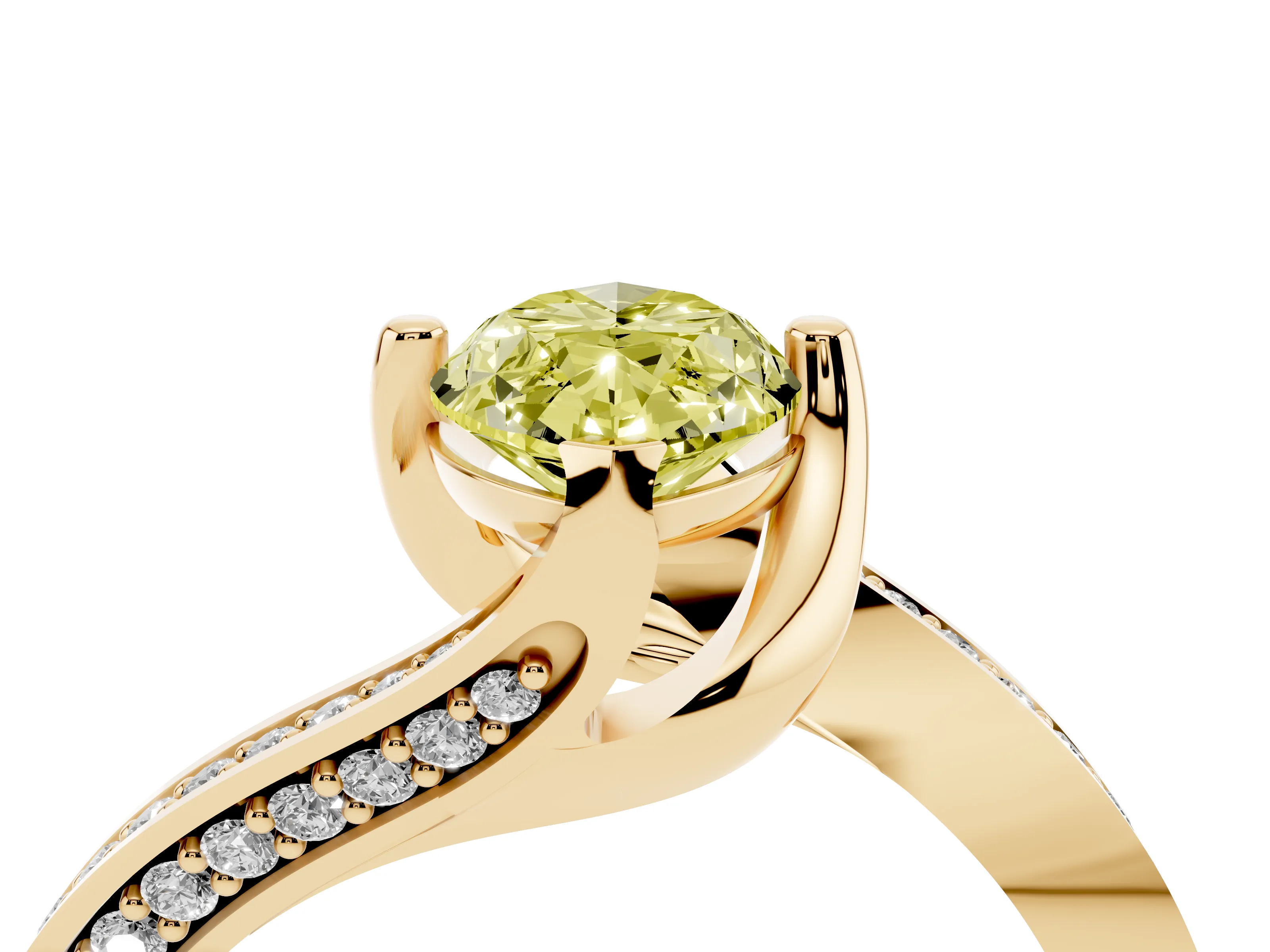 Fancy Yellow Marquise Cut Diamond Solitaire Ring Set in Yellow gold with Intertwined Pavé Twist Band