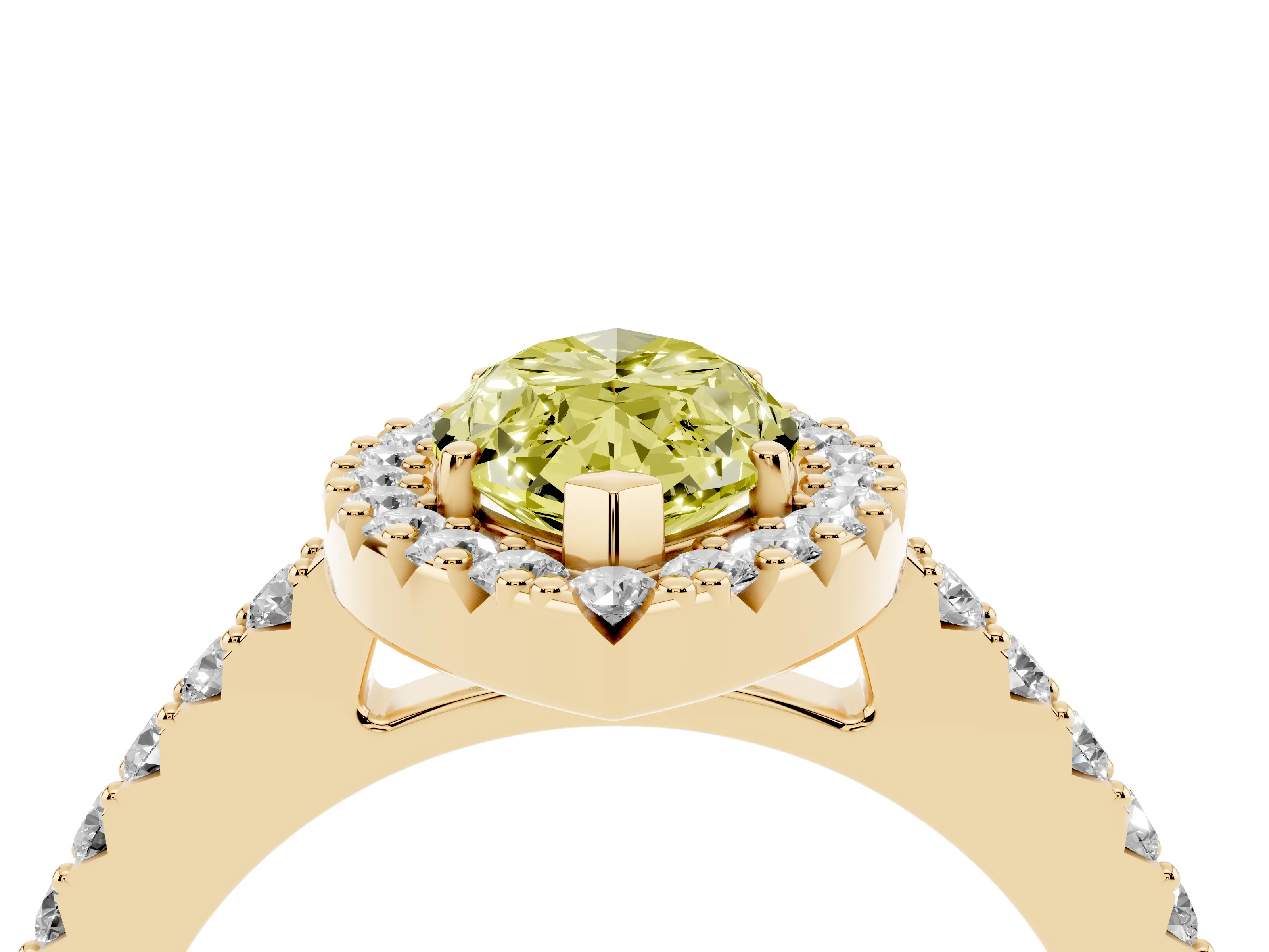 Fancy Yellow Marquise Cut Diamond Halo Pavé Solitaire Ring Set in Yellow gold with Prong-Set Center Stone