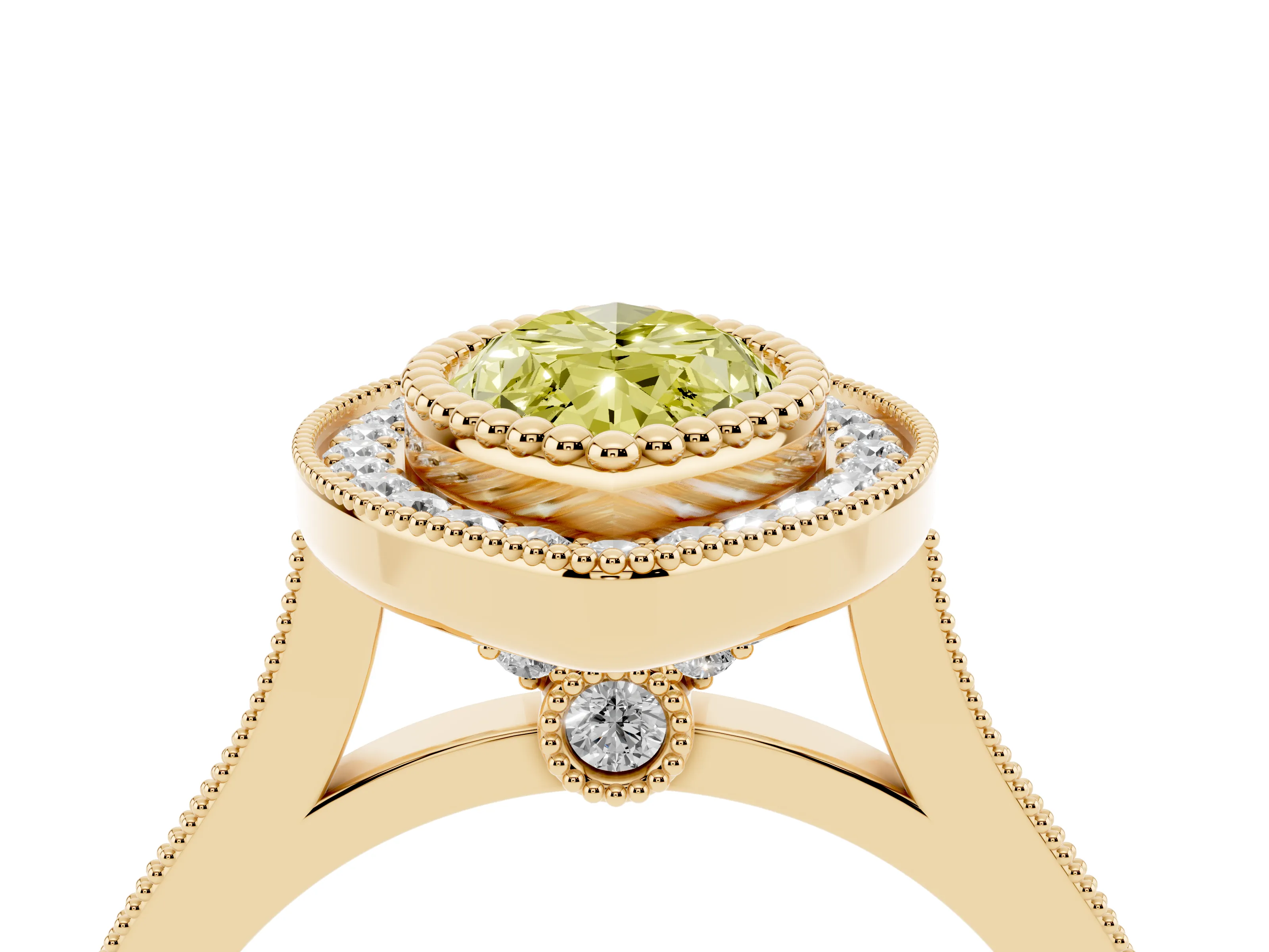 Fancy Yellow Marquise Cut Diamond Halo Ring Set in Yellow gold with Milgrain Frame and Pavé Band
