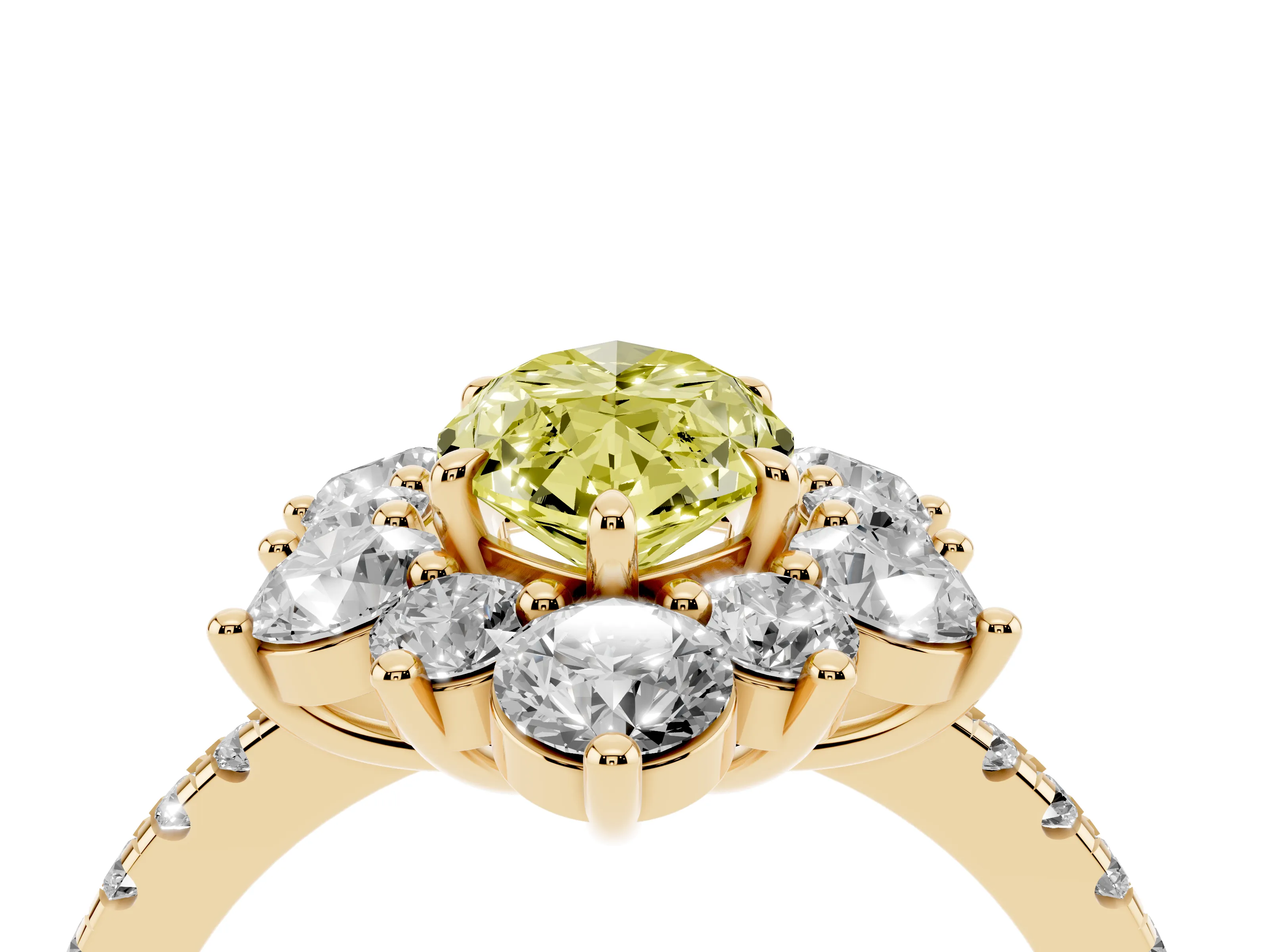 Fancy Yellow Marquise Cut Diamond Floral Halo Ring Set in Yellow gold with Round Pavé Band and Prong Setting